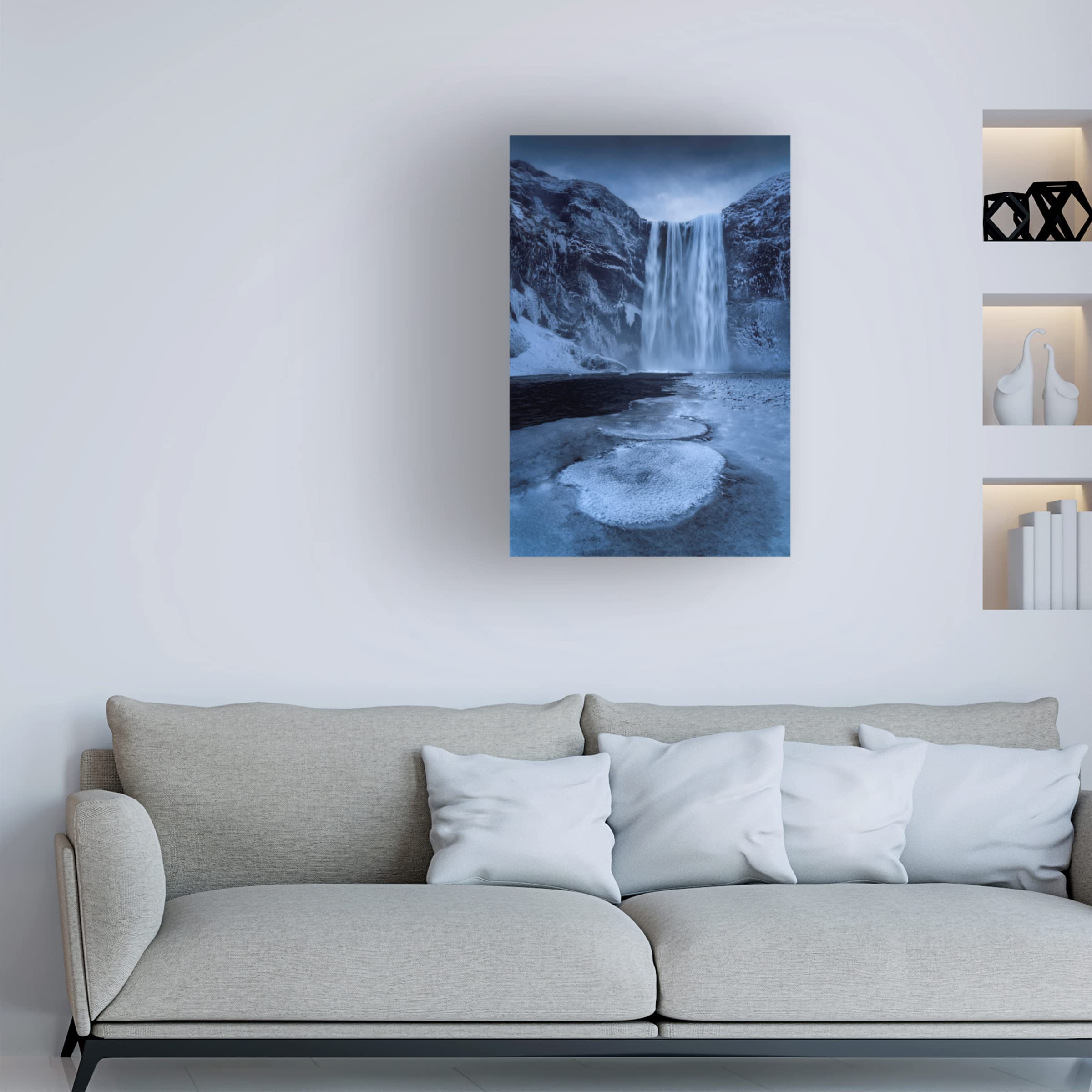 Trademark Fine Art 'Skogafoss' Canvas Wall Art Print by Jingshu Zhu - Stunning Waterfall Landscape Painting for Living Room, Bedroom & Office Decor