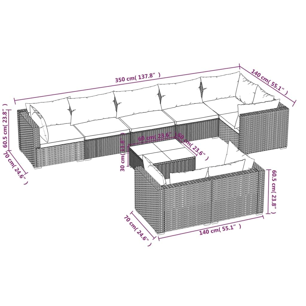 9-Piece Brown Poly Rattan Patio Lounge Set with Cushions - Durable Weather-Resistant Modular Outdoor Furniture, Lightweight & Easy to Move - Perfect for Poolside, Garden, Deck or Backyard Relaxation