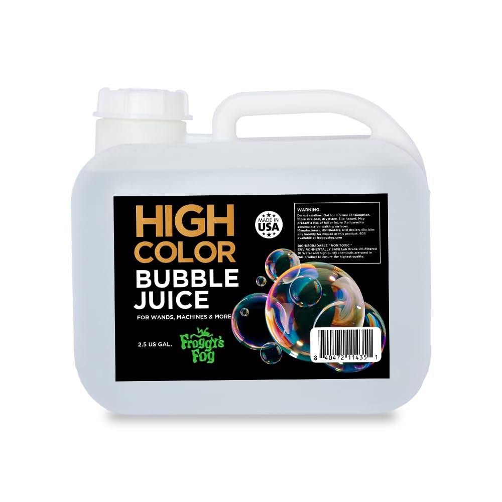 **Froggy's Fog High Color Bubble Juice - 2.5 Gallon Strong & Long-Lasting Bubble Solution for Bubble Machines, Bubblers, Wands - Creates Vibrant Iridescent Bubbles for Parties, Events & Outdoor Play**