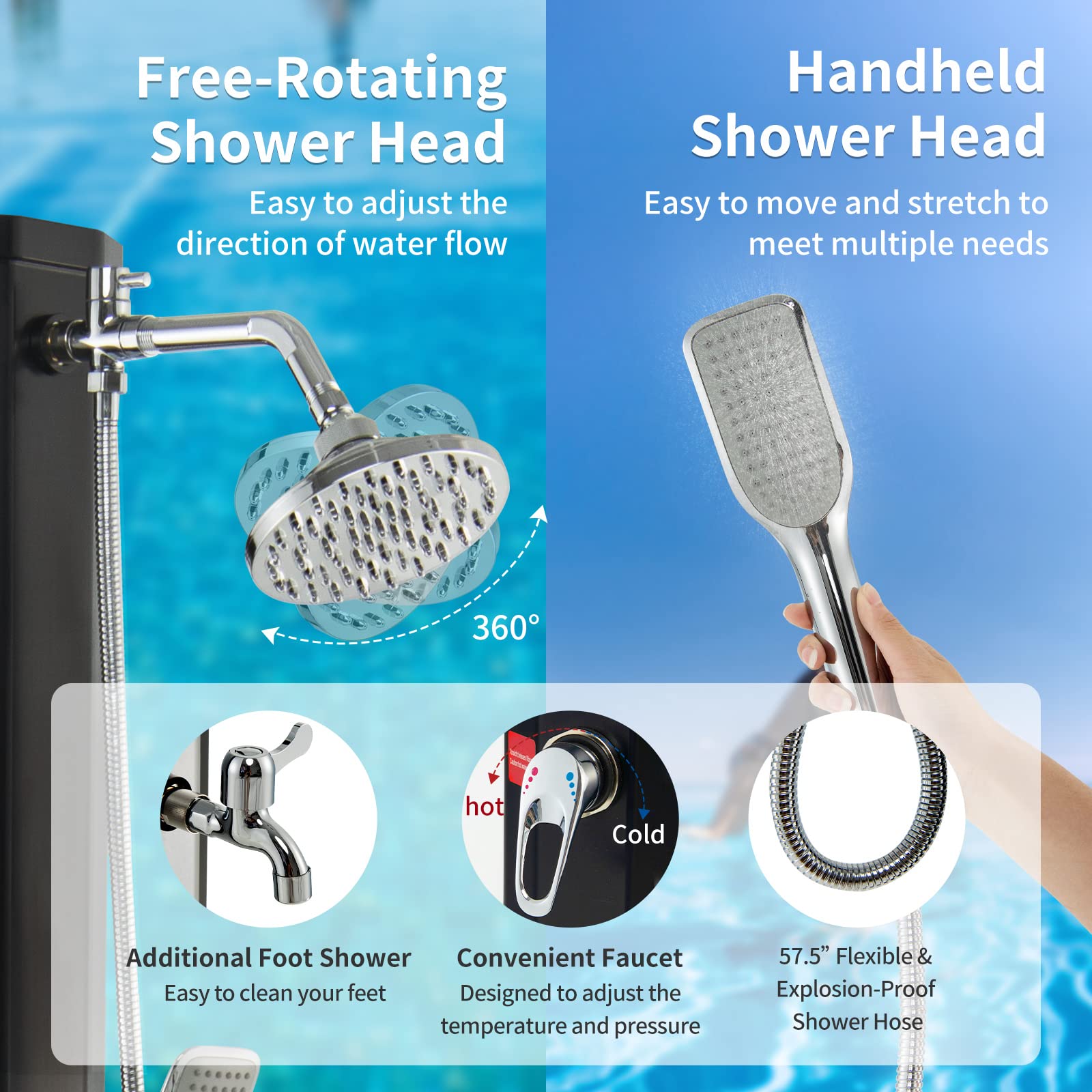 Happygrill 7.2 FT Solar Outdoor Shower with 360° Swivel Head - Adjustable Temperature & Pressure - Freestanding Design for Camping, Beach & Backyard Use