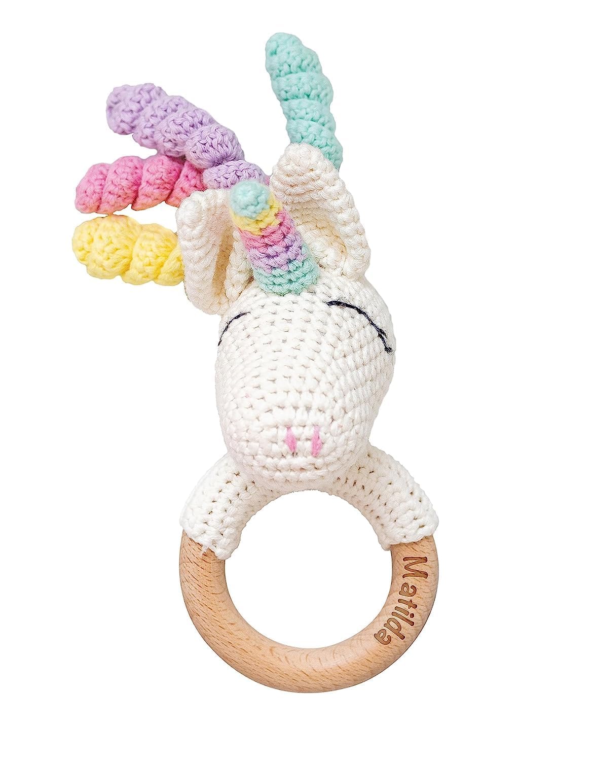 Personalized Crochet Unicorn Baby Rattle with Name & Wooden Teether Ring - Gender Neutral Newborn Gift for Baby Boy or Girl - Perfect Baby Shower Present with Gift Bag - Ideal for Nursery Decor, Playtime & First Teeth Relief