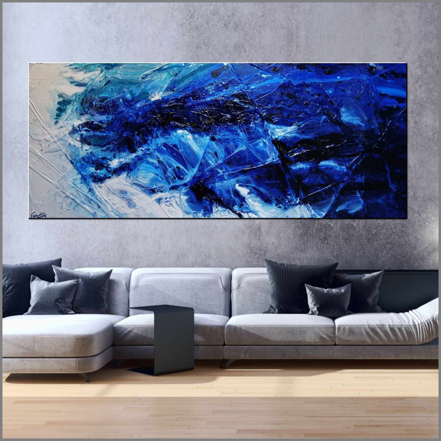 240cm x 100cm Blue and White Textured Abstract Canvas Art - Modern Fractured Painting for Living Room Wall Decor | Large Contemporary Artwork for Home & Office