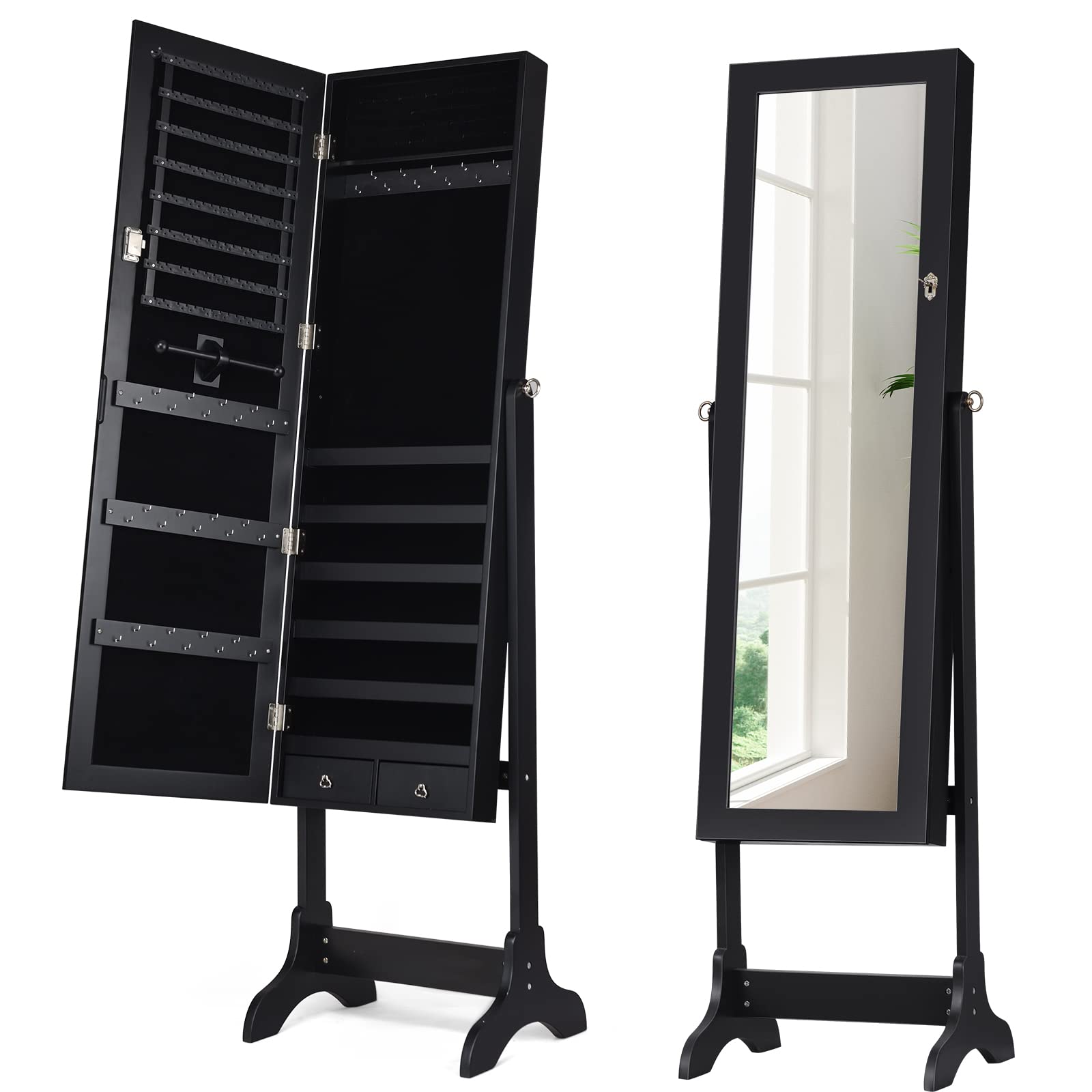 Lockable Full-Length Mirror Jewelry Armoire Organizer - Large Jewelry Storage Cabinet with 4 Adjustable Hooks & 2 Drawers, 2-in-1 Jewelry Box for Necklaces, Rings & Accessories - Perfect for Bedroom, Closet & Dressing Room (Black)