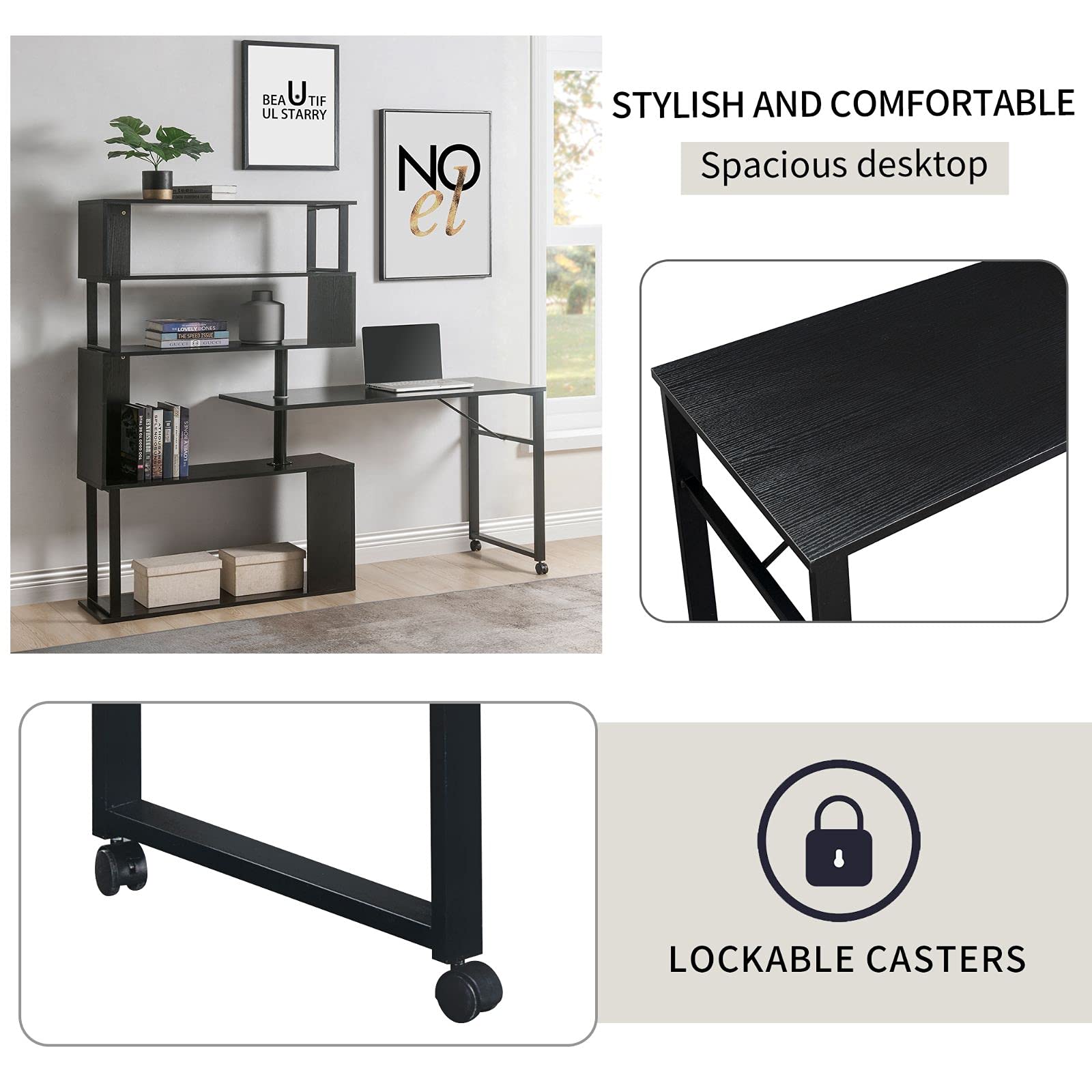 L-Shaped Home Office Desk with Rotating Corner & Bookcase - Ergonomic Computer Workstation for Small Spaces, Gaming & Study - Perfect for Remote Work & Compact Rooms