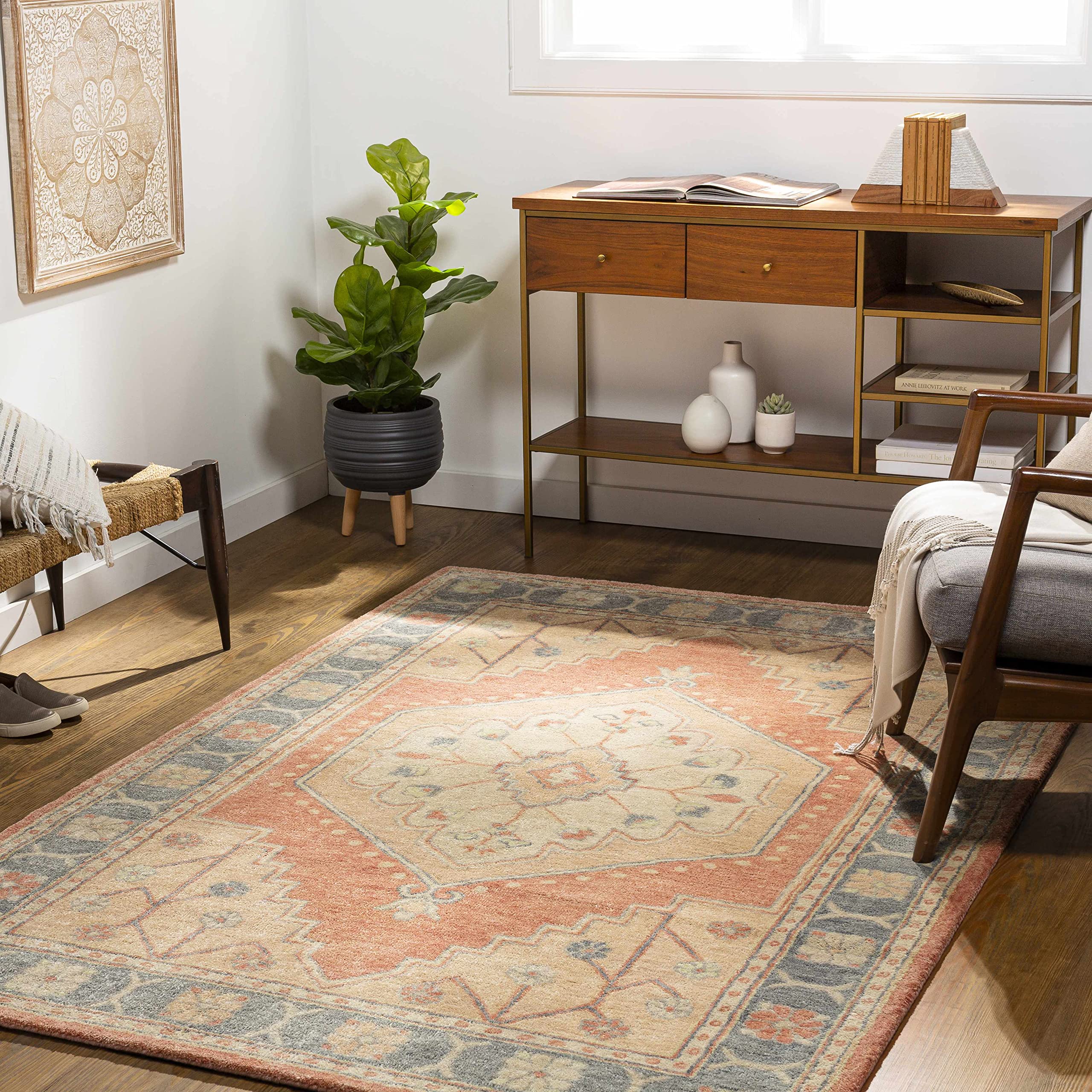Hauteloom Mamala Wool Area Rug for Living Room & Bedroom - Traditional Handmade Gray/Beige/Red - 2' x 3' - Soft & Durable - Perfect for Home Decor, Cozy Spaces & High Traffic Areas