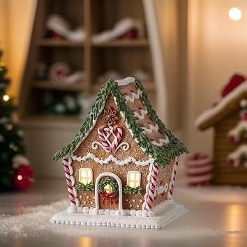 Iced Peppermint Candy Cane Light-Up Gingerbread House - The Bridge Collection | Holiday Home Decor for Christmas, Winter Parties & Festive Table Centerpiece