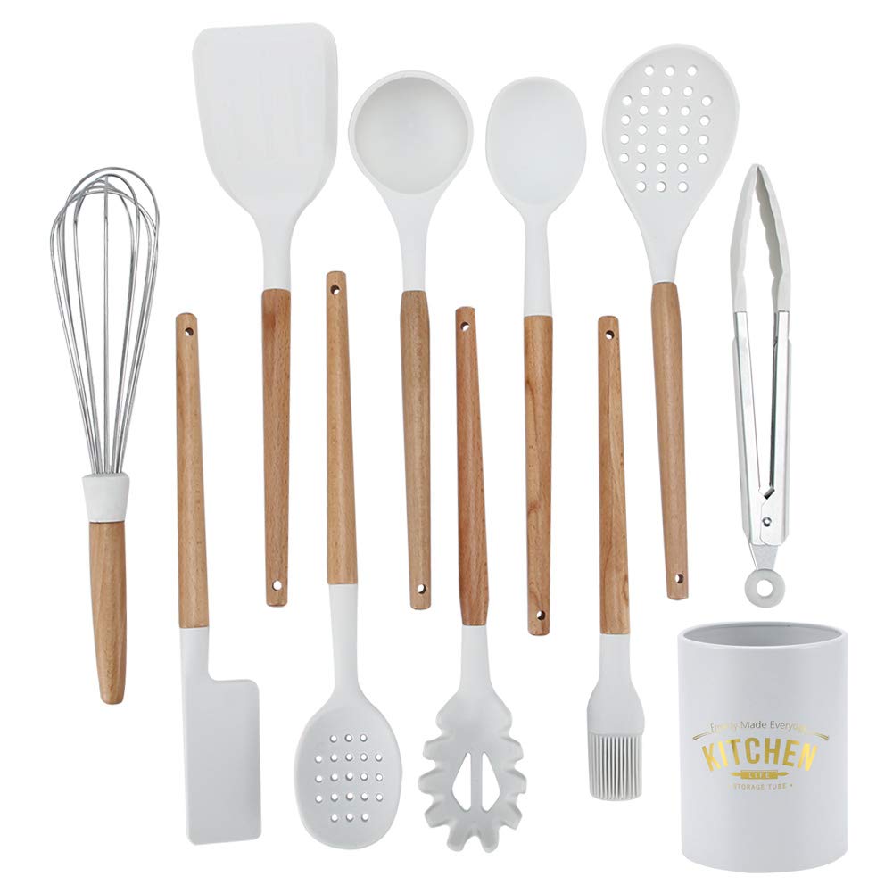 11Pcs Non-Toxic Silicone Kitchen Utensils Set with Wooden Handles - Durable Cooking Tools, Whisk, and Gadgets for Baking, Frying, and Everyday Meal Prep