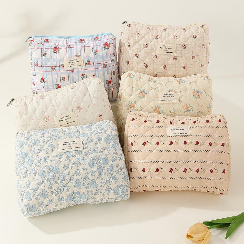 JQWSVE Floral Coquette Makeup Bag - Large Cotton Quilted Cosmetic Pouch for Travel, Toiletries & Essentials | Aesthetic Cute Design for Women & Teens | Perfect for Vacation, Gym, Daily Use & Gift Giving
