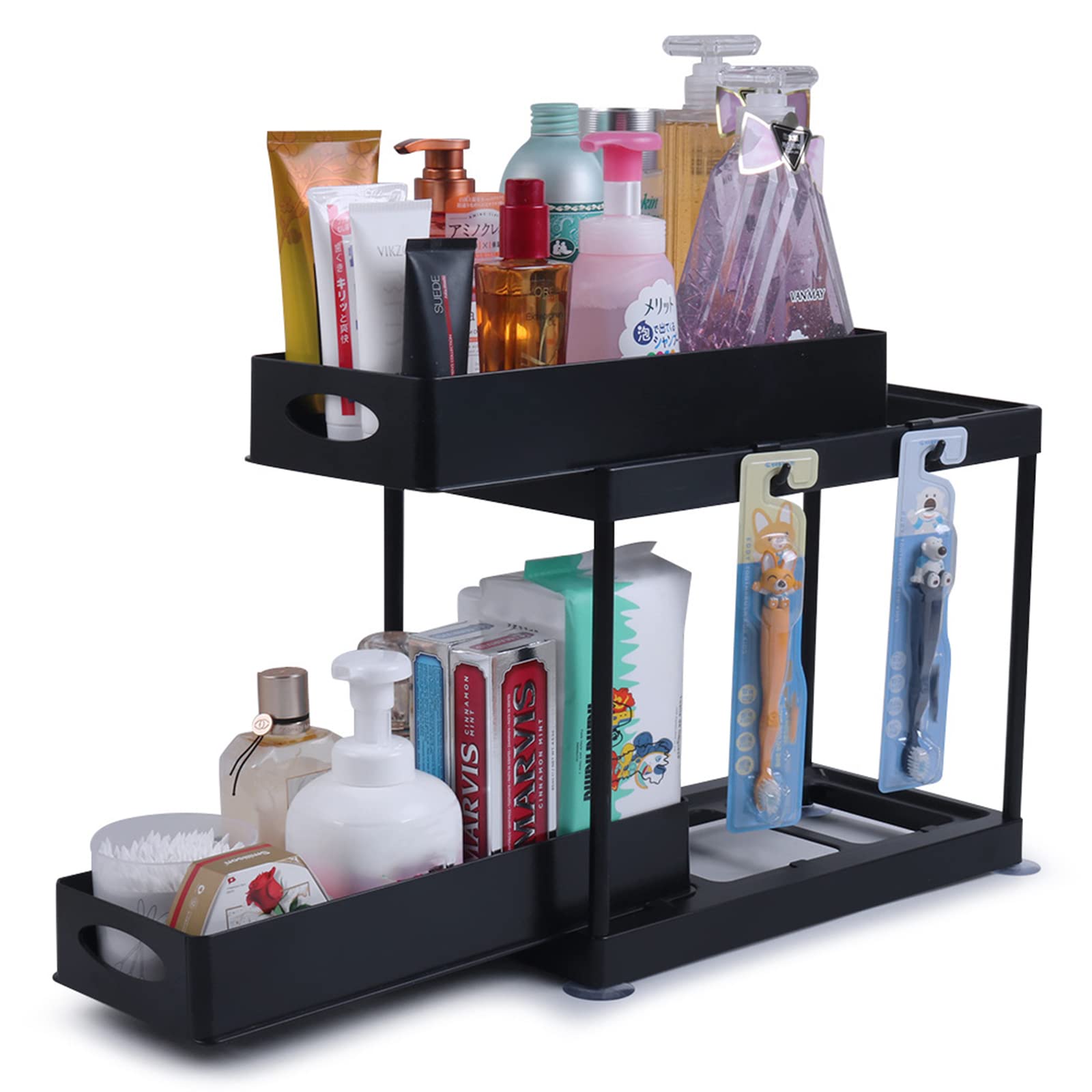 2 Tier Under Sink Organizer - Bathroom & Kitchen Storage Shelf with Double Drawer & Hooks | Space-Saving Cabinet Organizer for Bathroom Vanity, Kitchen Sink, Laundry Room & Closet Storage
