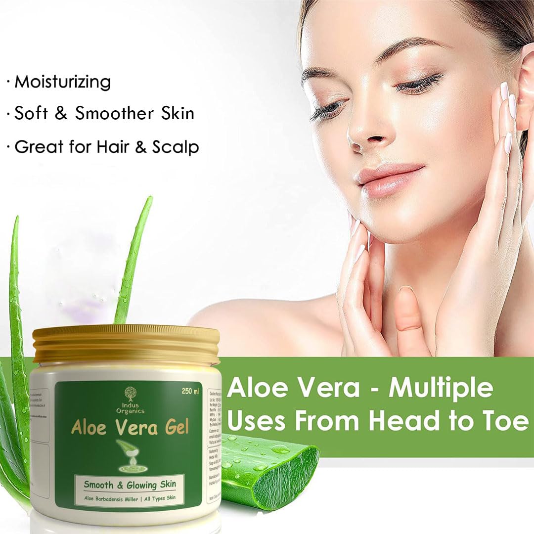 Indus Organics Pure Aloe Vera Gel for Skin & Hair Care - 250ml | Hydrating, Moisturizing & Soothing Gel for Face, Body & Scalp | Perfect for Sunburn Relief, After-Sun Care, Hair Conditioning & Daily Skincare Routine