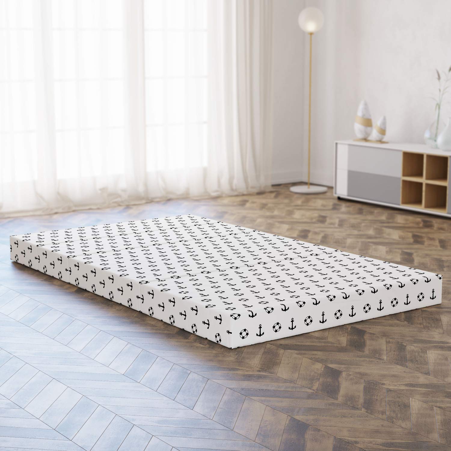 Ambesonne Nautical Foldable Mattress with Anchor & Lifebuoy Design - Waterproof Guest Bed, Boat Bunk, RV Sleeping Pad for Camping & Travel