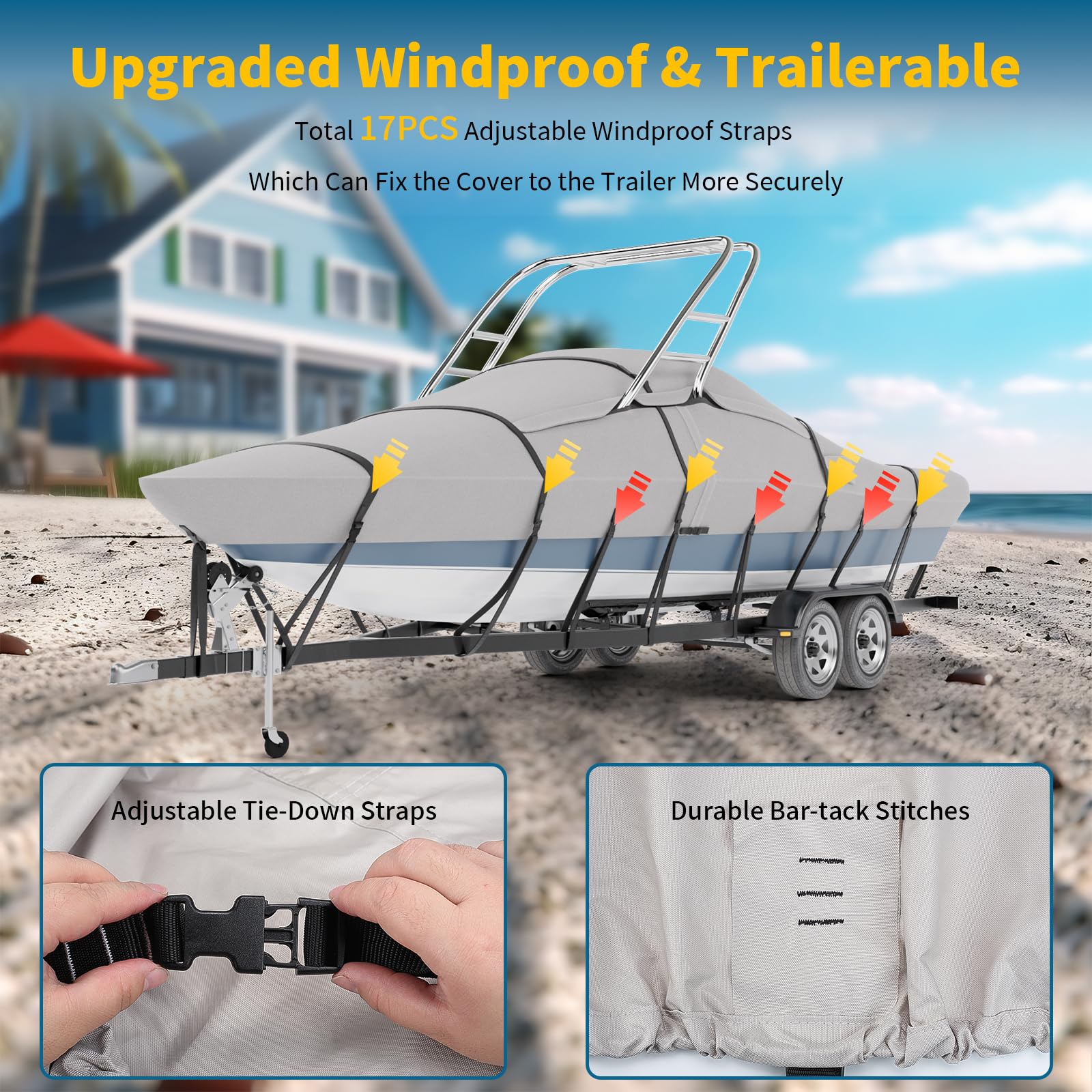 Tuszom True 900D Waterproof Ski & Wakeboard Boat Cover - Heavy Duty Solution Dyed Fabric with 11+6 Windproof Straps & Storage Bag - Fits 22'-24' Length, 116