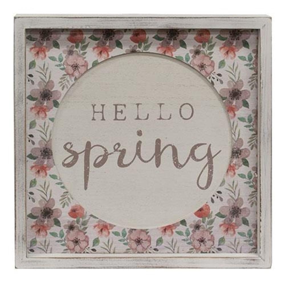 Hello Spring Cutout Floral Inset Box Sign - Rustic Wooden Home Decor for Easter, Mother's Day & Spring Season - Perfect for Wall Decor, Farmhouse Style & Seasonal Home Styling