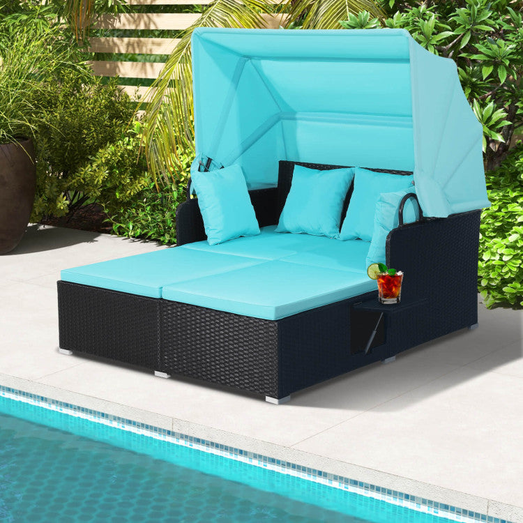 Costway Outdoor Patio Rattan Daybed with Retractable Canopy & Side Tables - Black - Perfect for Poolside Lounging, Garden Relaxation & Backyard Sunbathing