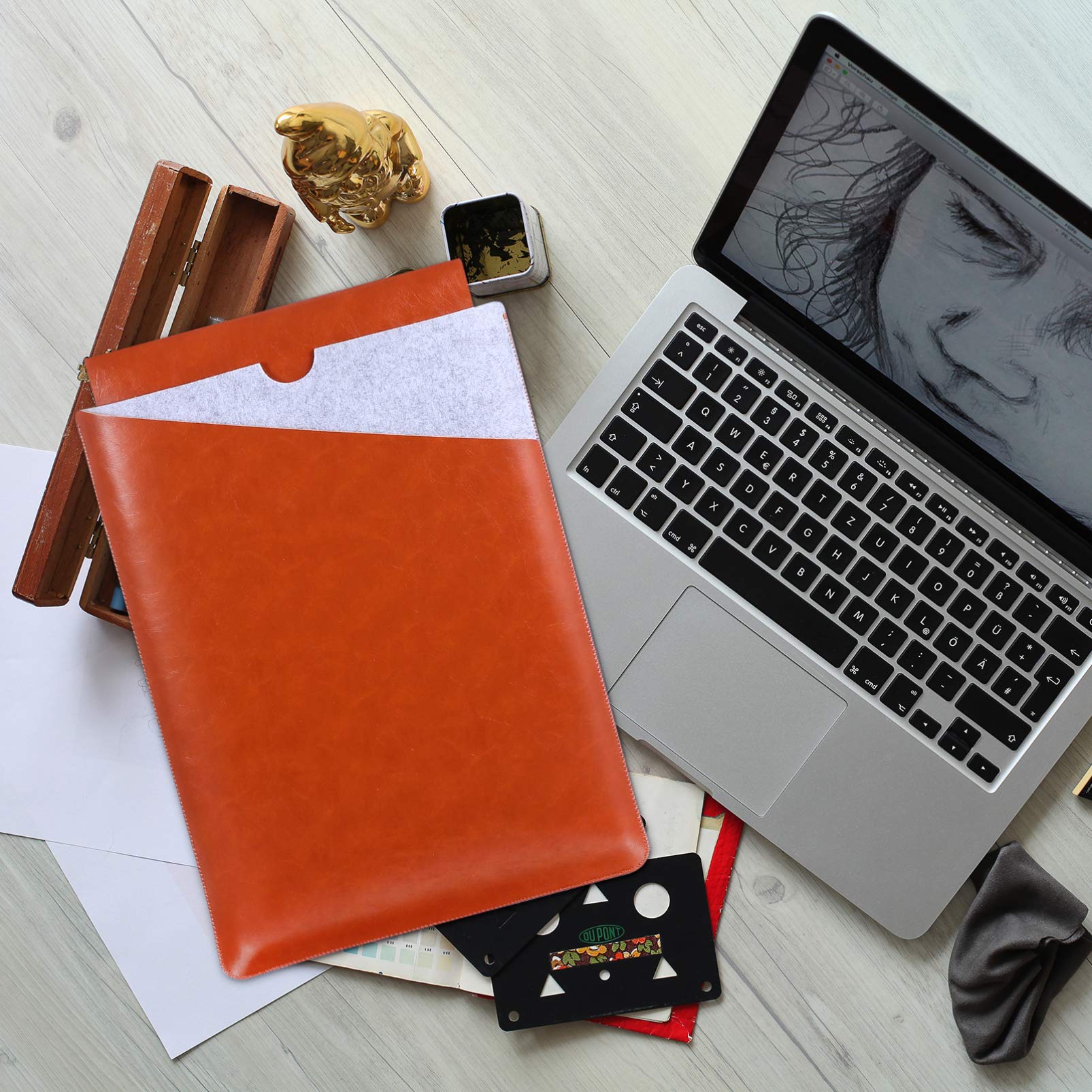 Premium Genuine Leather Laptop Sleeve Case for 13-15 Inch MacBook & Notebook - Slim Protective Laptop Bag with Tablet Pocket - Stylish Business Briefcase & Travel Organizer for Work, School & Commuting