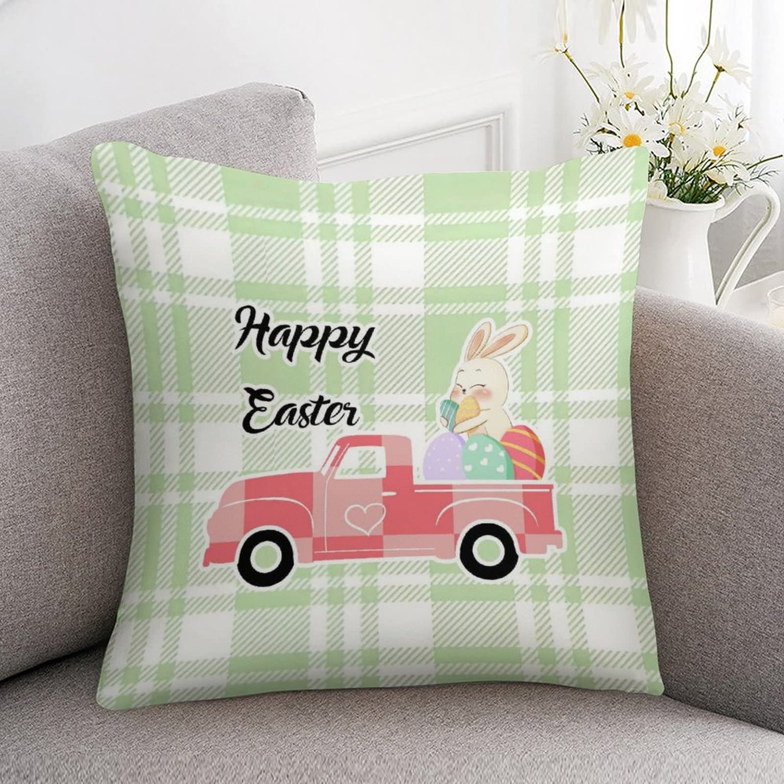 Happy Easter Cartoon Rabbit Bunny Eggs Buffalo Plaid Silk Throw Pillow Covers 26x26 - Decorative Easter Pillow Covers for Living Room, Bedroom, Sofa | Easter Home Decor, Spring Party Decorations, Holiday Gift Idea