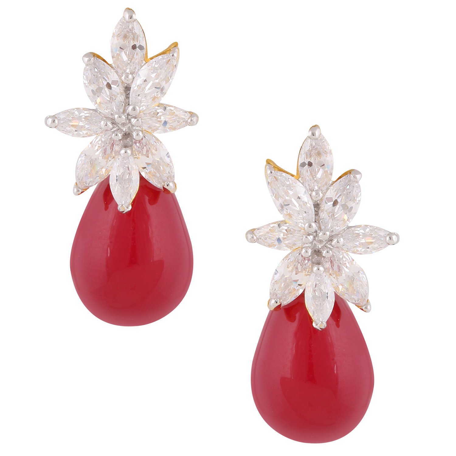 Zircon Floral Stud Statement Earrings for Women - Elegant Red Crystal Flower Dangle Earrings | Perfect for Parties, Weddings & Date Nights