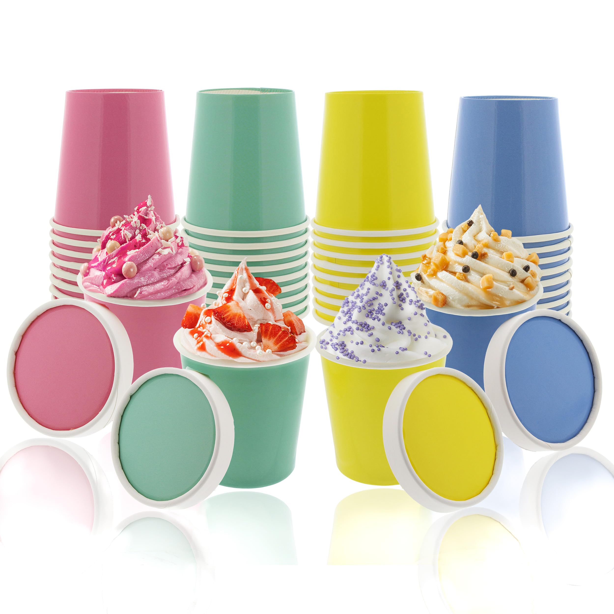 Colorful Disposable Paper Ice Cream Cups with Lids - 40 Pack Eco-Friendly Dessert Bowls for Ice Cream, Soups, Snacks & Party Serving | Perfect for Birthday Parties, Picnics & Catering Events