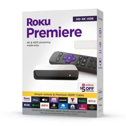 Roku Premiere 4K HDR Streaming Media Player with Voice Remote & HDMI Cable - 3920R (New Sealed Box, Black) for Home Theater & Smart TV Entertainment