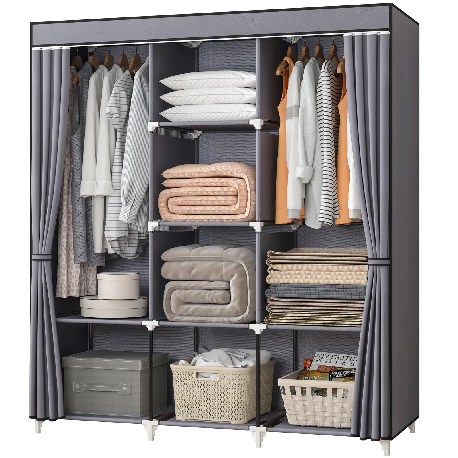 51 Inch Portable Wardrobe Closet with 2 Hanging Rods & 8 Shelves - Durable Hanging Closet Organizer for Bedroom, Easy Assembly, Space-Saving Storage Solution - Perfect for Small Apartments, Dorms, and Guest Rooms (Grey)