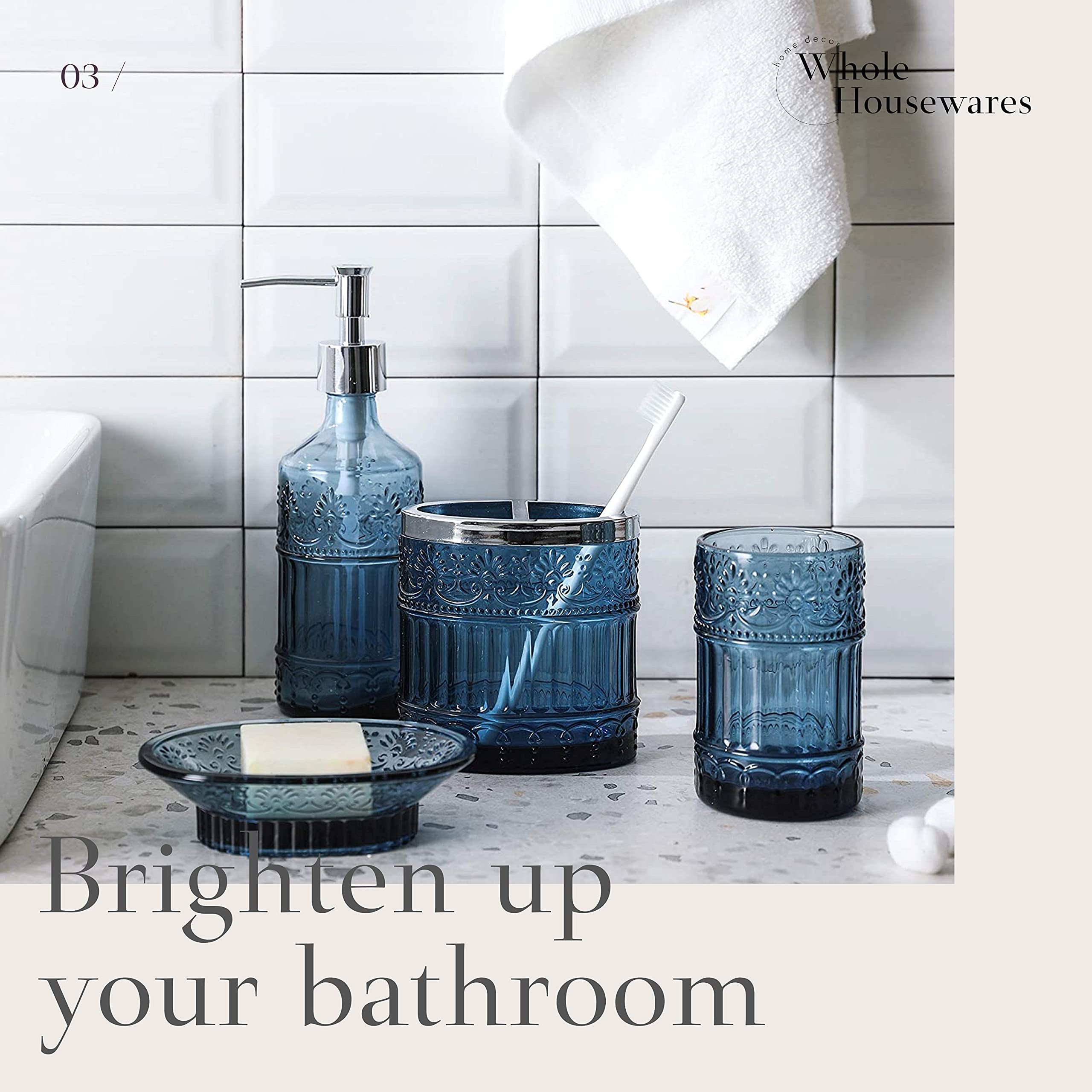 4-Piece Blue Glass Bathroom Accessories Set - Soap Dispenser, Toothbrush Holder, Vanity Tray & Jar - Elegant Boho Style Countertop Organizer for Bathroom Decor - Perfect for Modern, Farmhouse or Coastal Style Homes