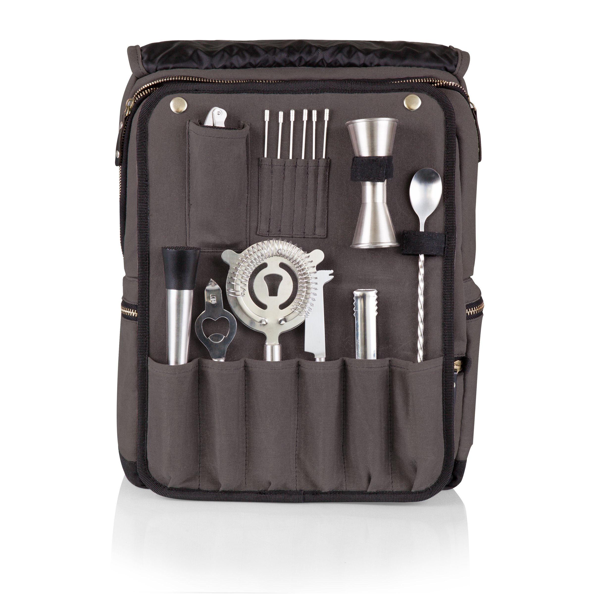 **PICNIC TIME Bar Backpack – 16-Piece Portable Cocktail Set with Cocktail Shaker, Insulated Bar Case (Gray) – Perfect for Outdoor Parties, Camping & Travel**