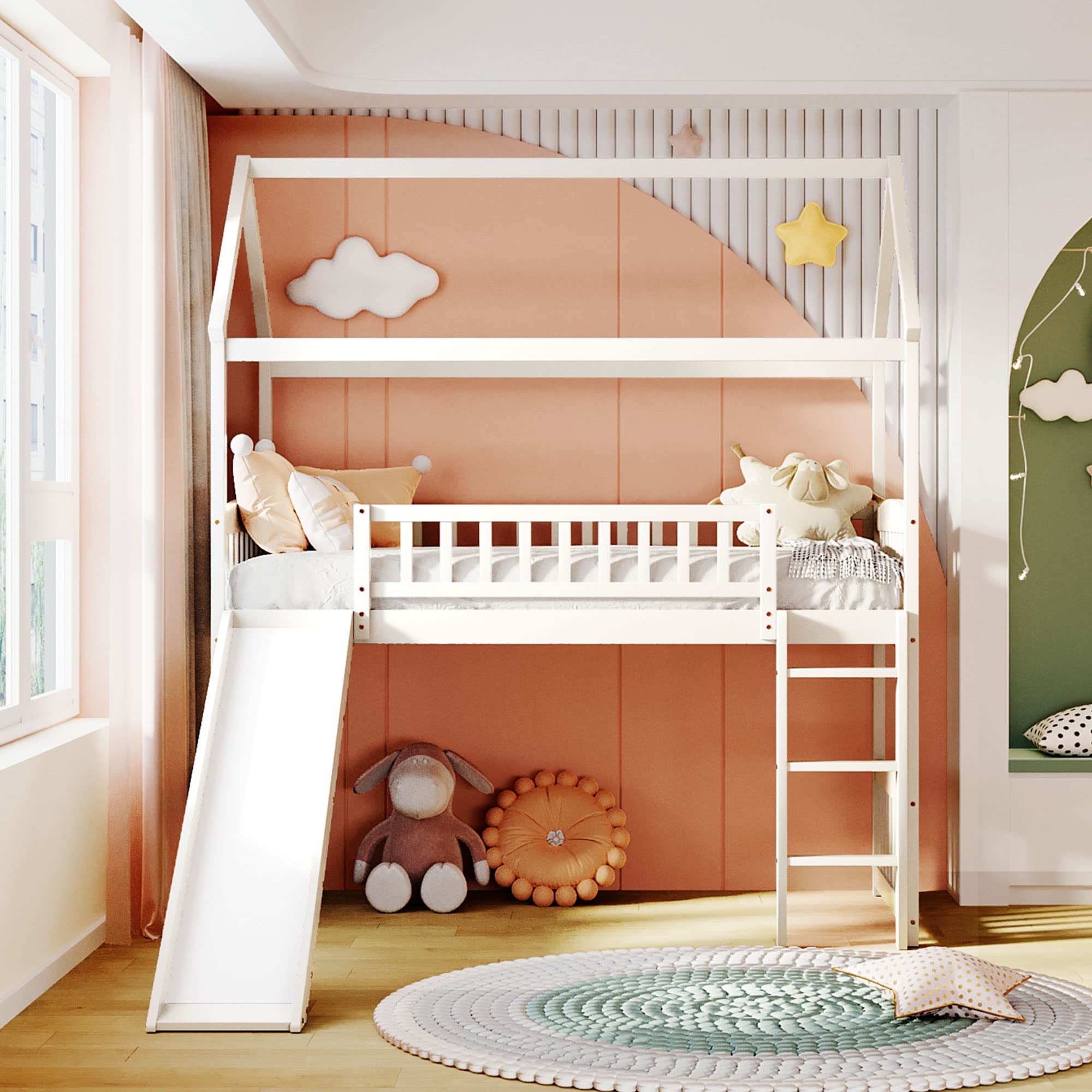 LZ LEISURE ZONE Twin Loft Bed with Slide - Sturdy Wood Loft Bed Frame for Kids, Teens & Adults - Twin Size House Style Bedroom Furniture - No Box Spring Needed - White - Perfect for Small Spaces, Kids' Rooms & Dorm Decor
