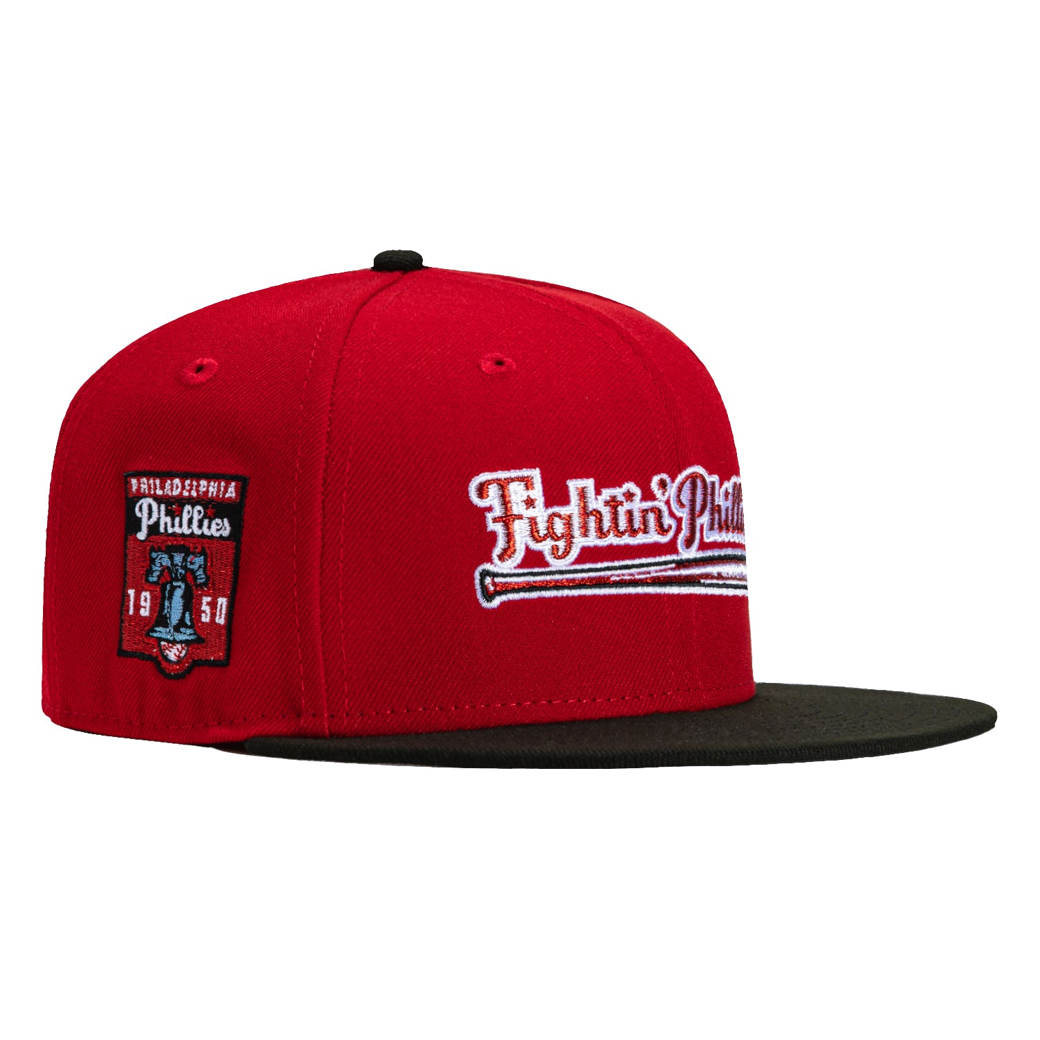 New Era 59Fifty Philadelphia Phillies 1950 Logo Patch Script Baseball Cap - Red & Black Snapback Hat for Men, Women | Vintage MLB Fan Gear for Baseball Games & Casual Streetwear
