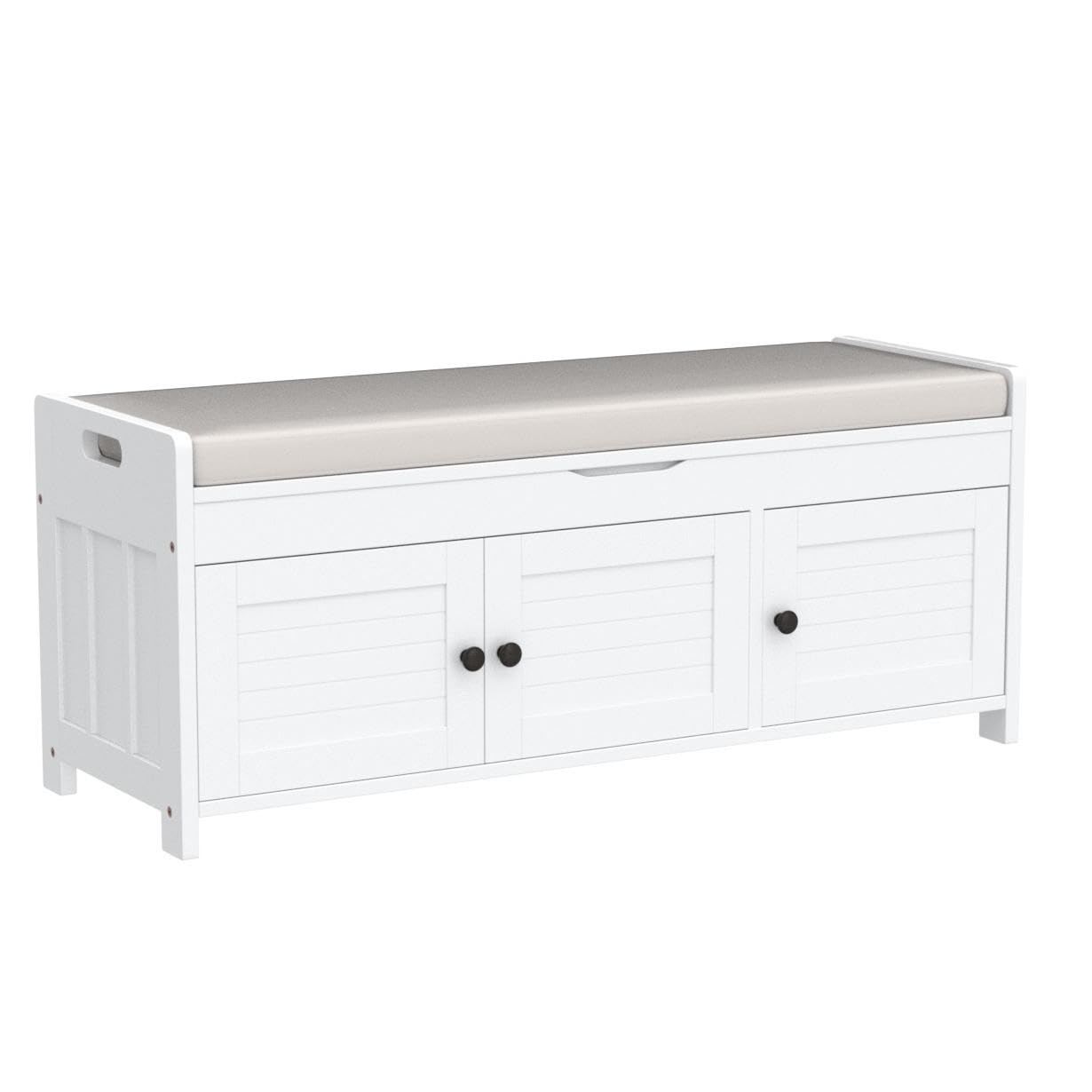 P PURLOVE Wooden Entryway Storage Bench with 3 Shutter Doors - Shoe Bench with 2-Size Storage, Removable Cushion & Hidden Compartment | Perfect for Hallway, Mudroom & Living Room Organization