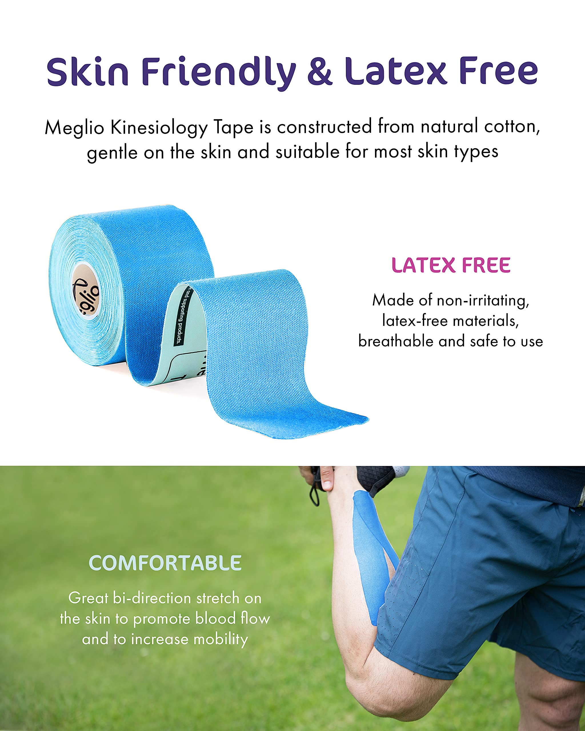 Meglio Kinesiology Tape - 5m Uncut Roll for Sports Injuries, Muscle Support & Pain Relief | Breathable, Waterproof Athletic Tape for Physiotherapy, Strapping & Recovery | Ideal for Athletes, Runners & Post-Injury Care (Blue)