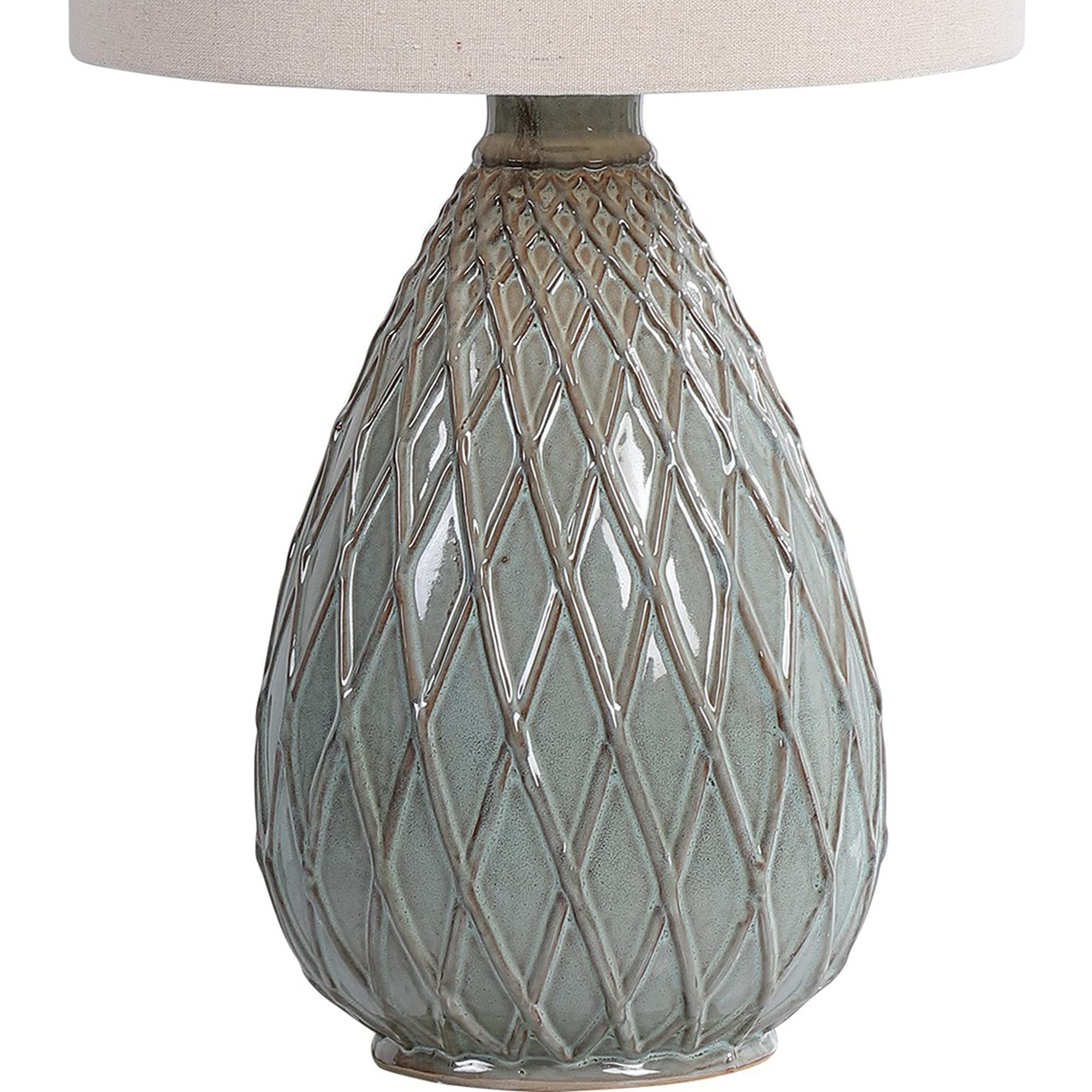 Benjara BM239383 Ceramic Table Lamp with Diamond Pattern - Gray Pot Belly Design for Living Room, Bedroom, or Office Decor