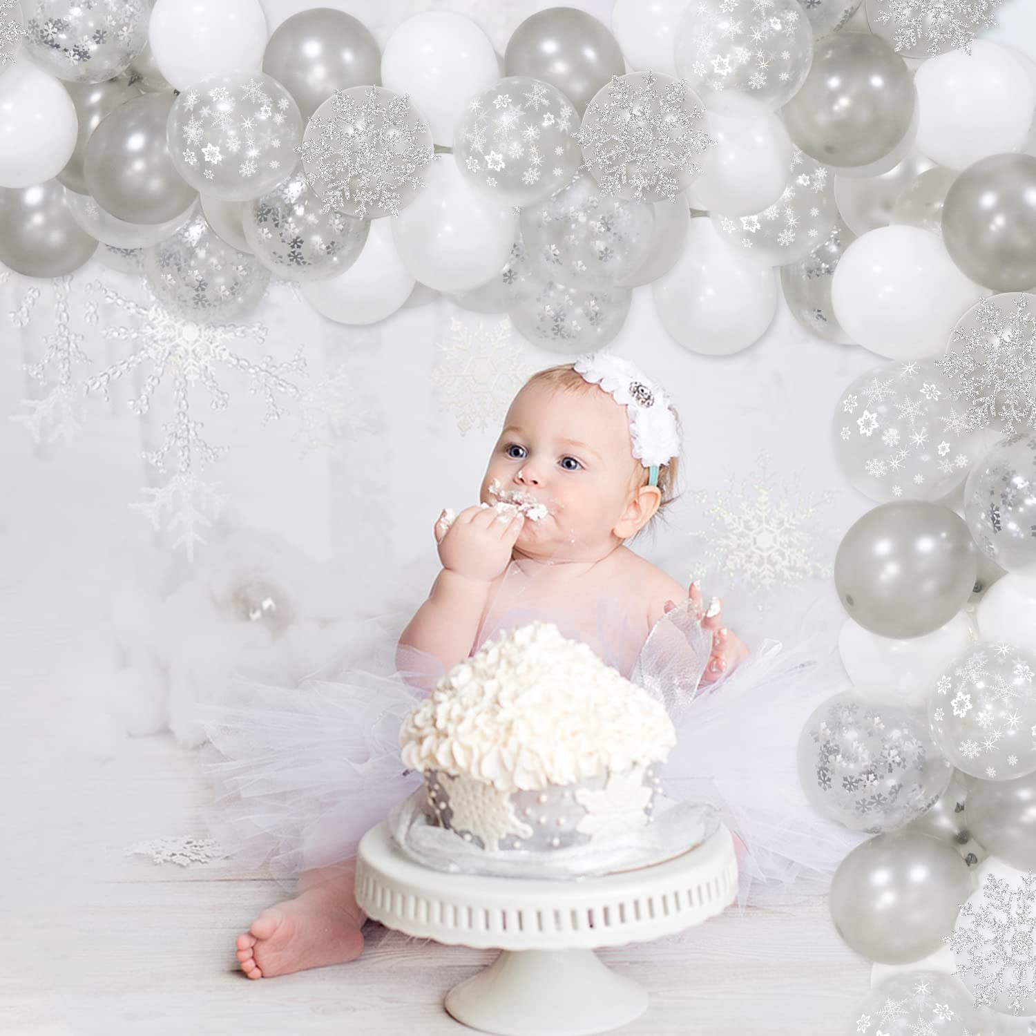 Silver Snowflake Balloons Garland Arch Kit with Confetti - Winter Wonderland Party Decor for Baby Shower, Birthday & Holiday Celebrations | Perfect for Indoor Winter Weddings, Christmas Decorations & New Year's Eve Parties