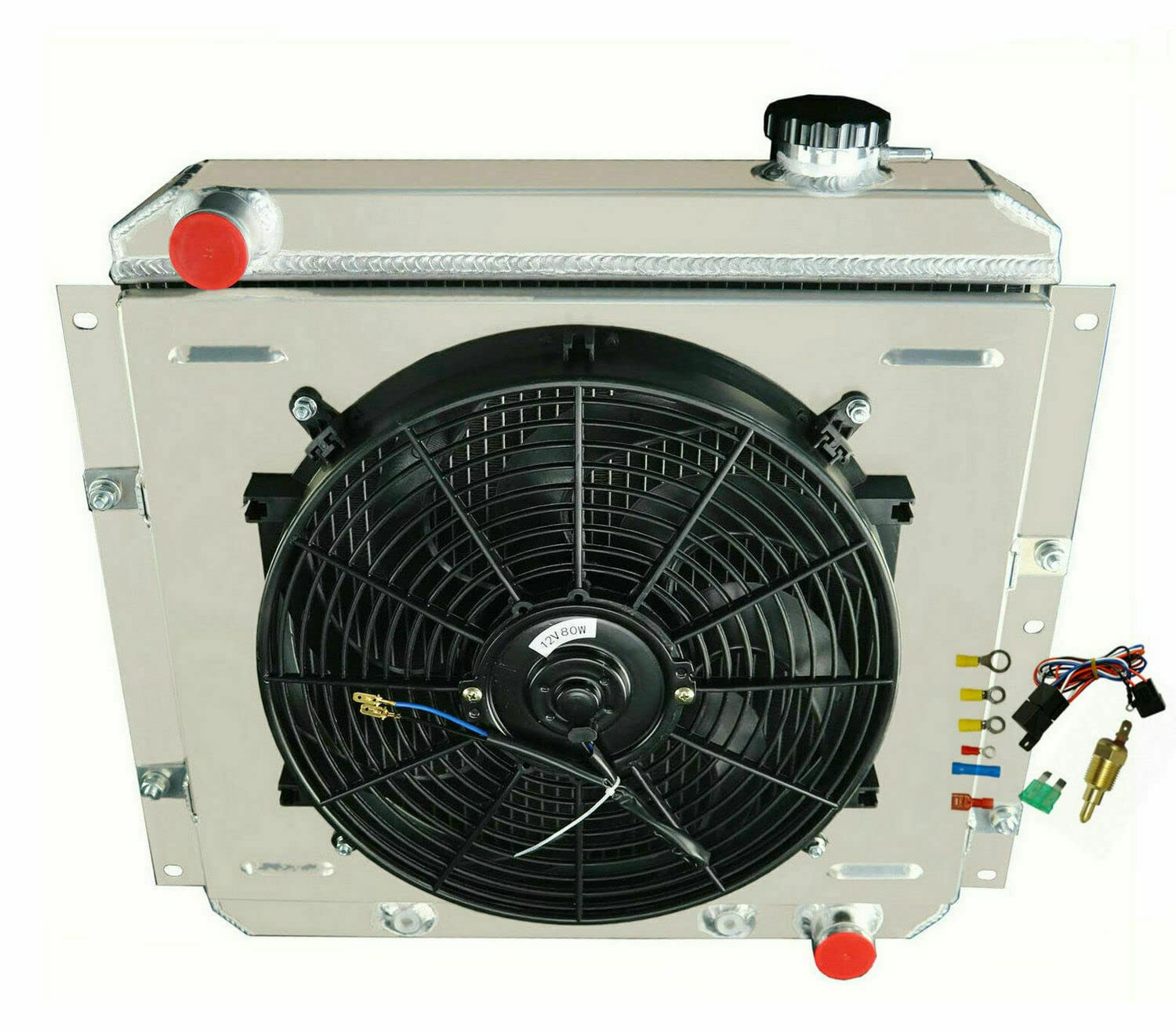 4 Row Aluminum Radiator for 1958-1984 Toyota Land Cruiser FJ40 FJ45 BJ42 BJ60 - High Performance Radiator with Electric Fan Shroud & Thermostat Kit - Perfect for Off-Roading, Overlanding & Classic Car Restoration