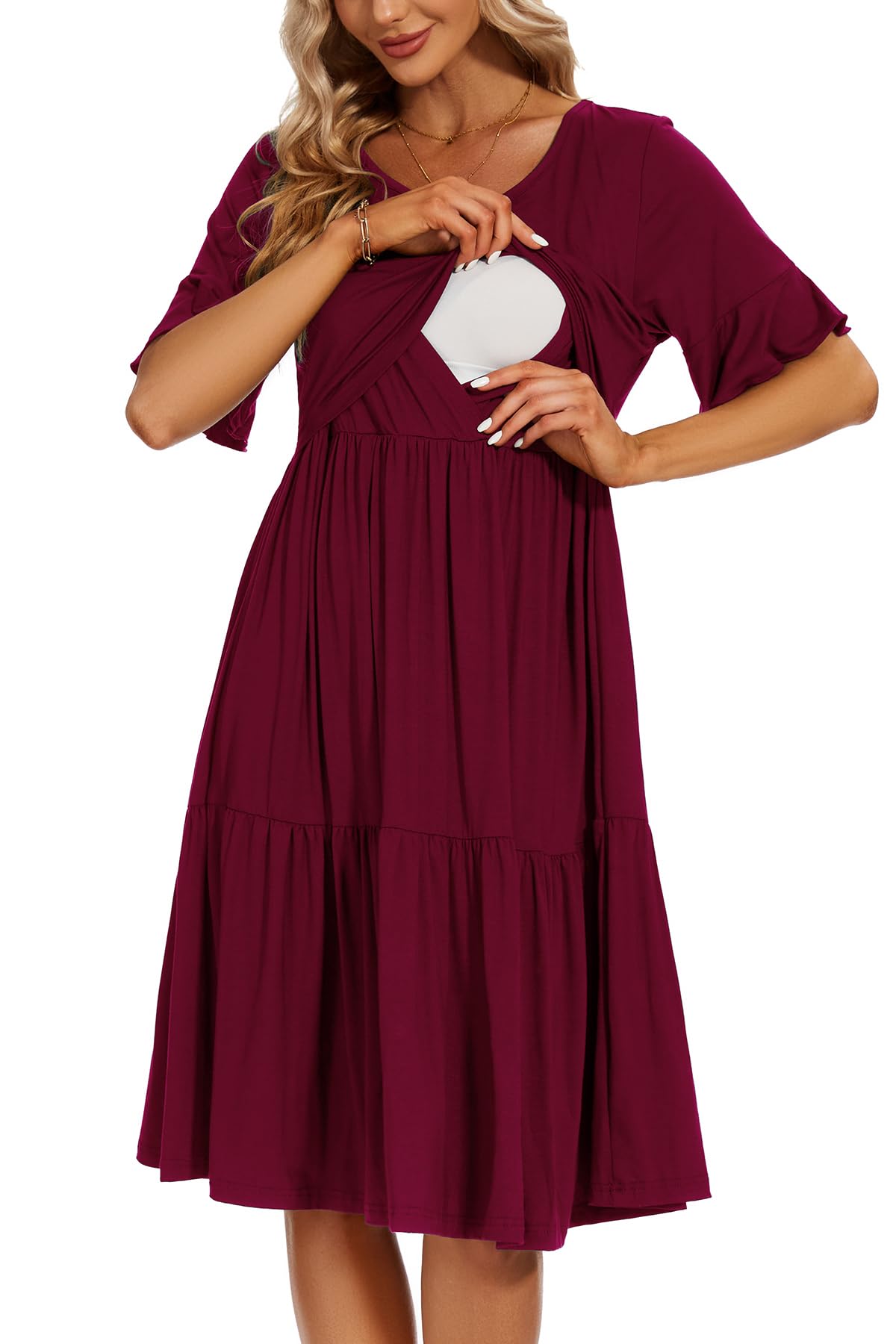 Smallshow Women's Maternity Nursing Dress - Ruffle Short Sleeve Breastfeeding Clothes for Pregnancy & Nursing - Perfect for Casual Wear, Outings & Nursing in Comfort