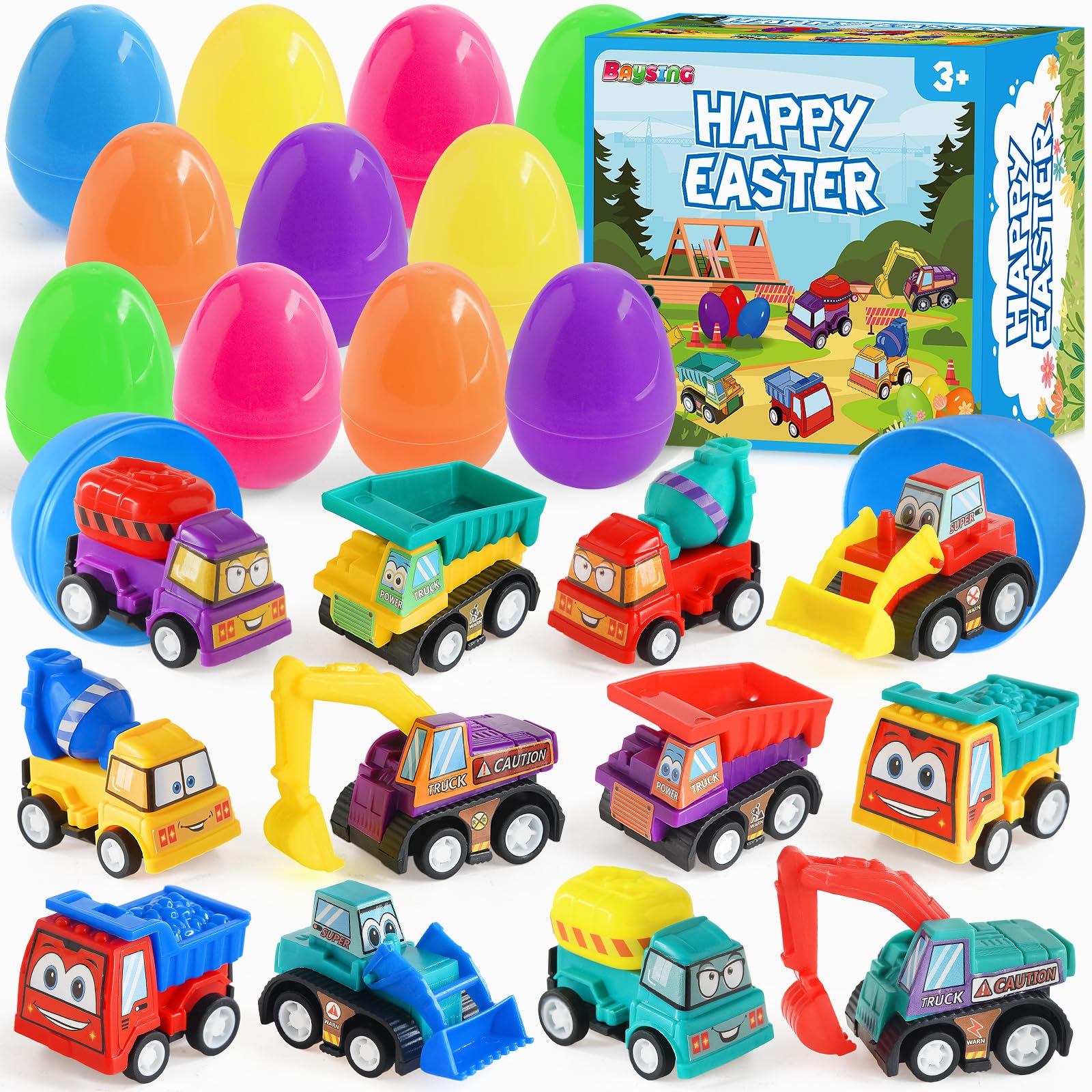 12 Pcs Easter Prefilled Eggs with Mini Construction Truck Toys Inside - Easter Egg Hunt Party Favors, Basket Stuffers, Classroom Prizes for Kids - Perfect for Easter Celebrations, Birthday Parties & School Events