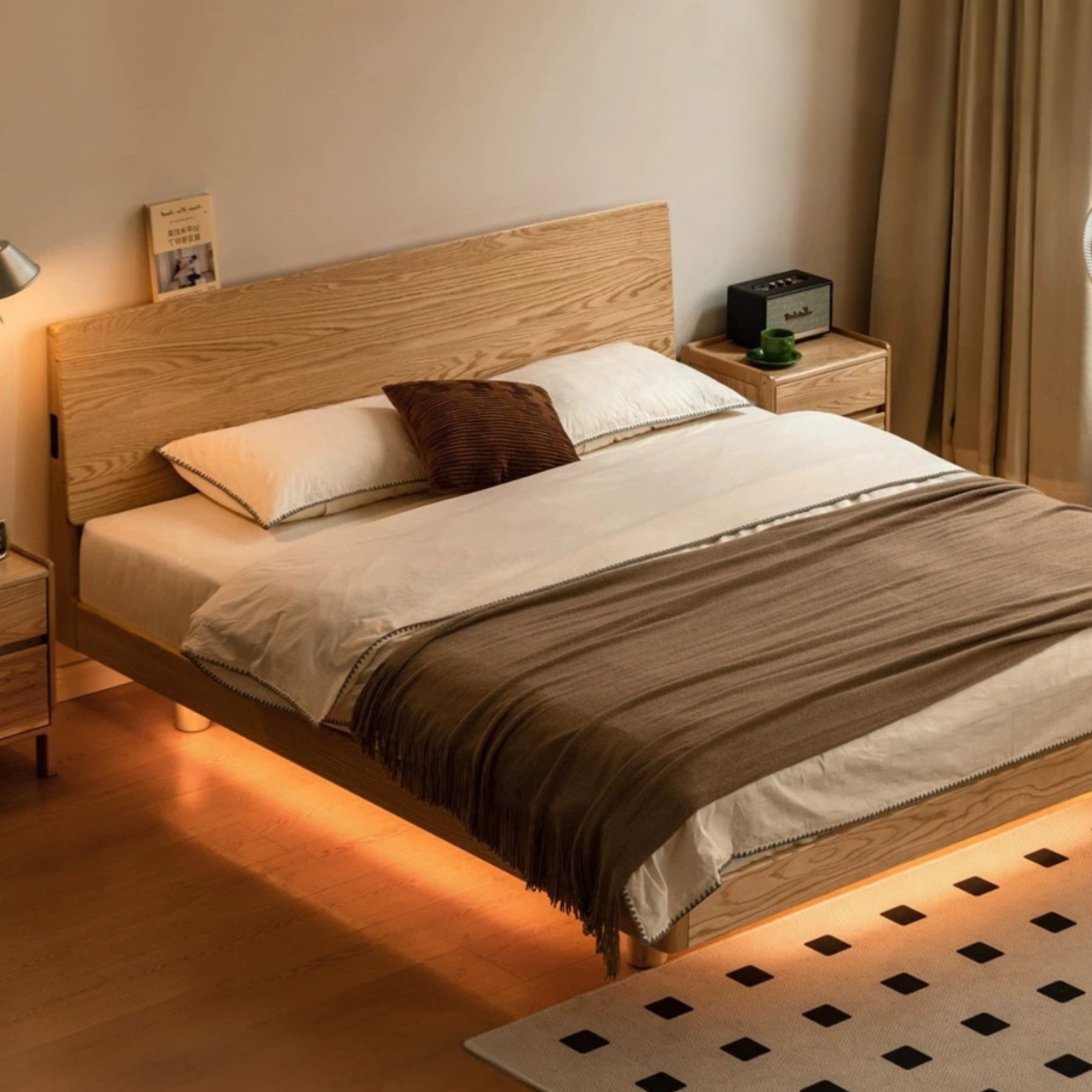 Solid Oak Wood Modern Floating Bed Frame - Queen Size, Sturdy Platform Bed with LED Lights for Bedroom, Living Room, Guest Room
