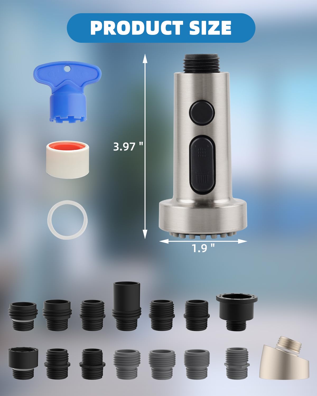 Hibbent Pull Down Kitchen Faucet Spray Head Replacement - 3 Function Sink Faucet Nozzle with 15 Universal Adapters - Fits Moen, Delta, Kohler, American Standard - Brushed Nickel Finish - Ideal for Kitchen Sink Upgrades & DIY Plumbing Repairs