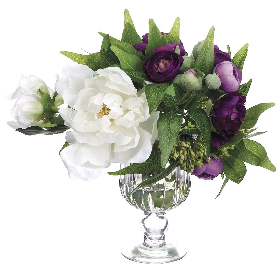 10 Inch Tall Artificial Ranunculus & Peony Flowers in Glass Vase - Elegant Home Decor for Living Room, Wedding Centerpiece, Office Desk