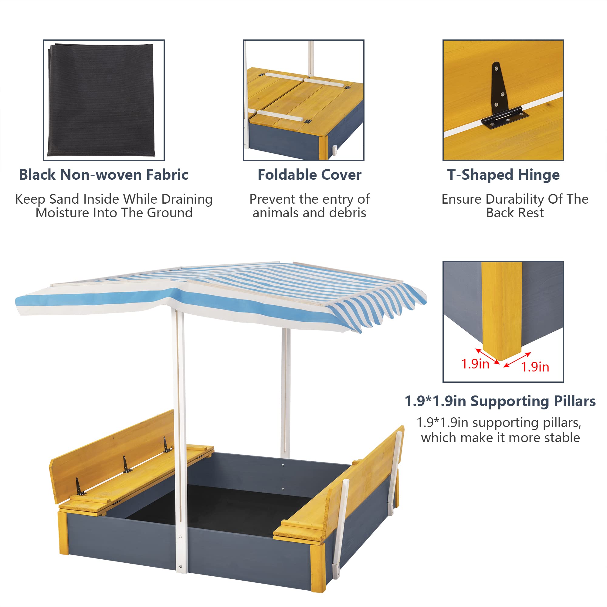 Kids Wooden Sandbox with Cover & 2 Foldable Bench Seats - Outdoor Sand Pit for Backyard Play Ages 3-8 | Adjustable Rotatable Canopy for Sun Protection - Perfect for Garden, Patio & Preschool Play Areas