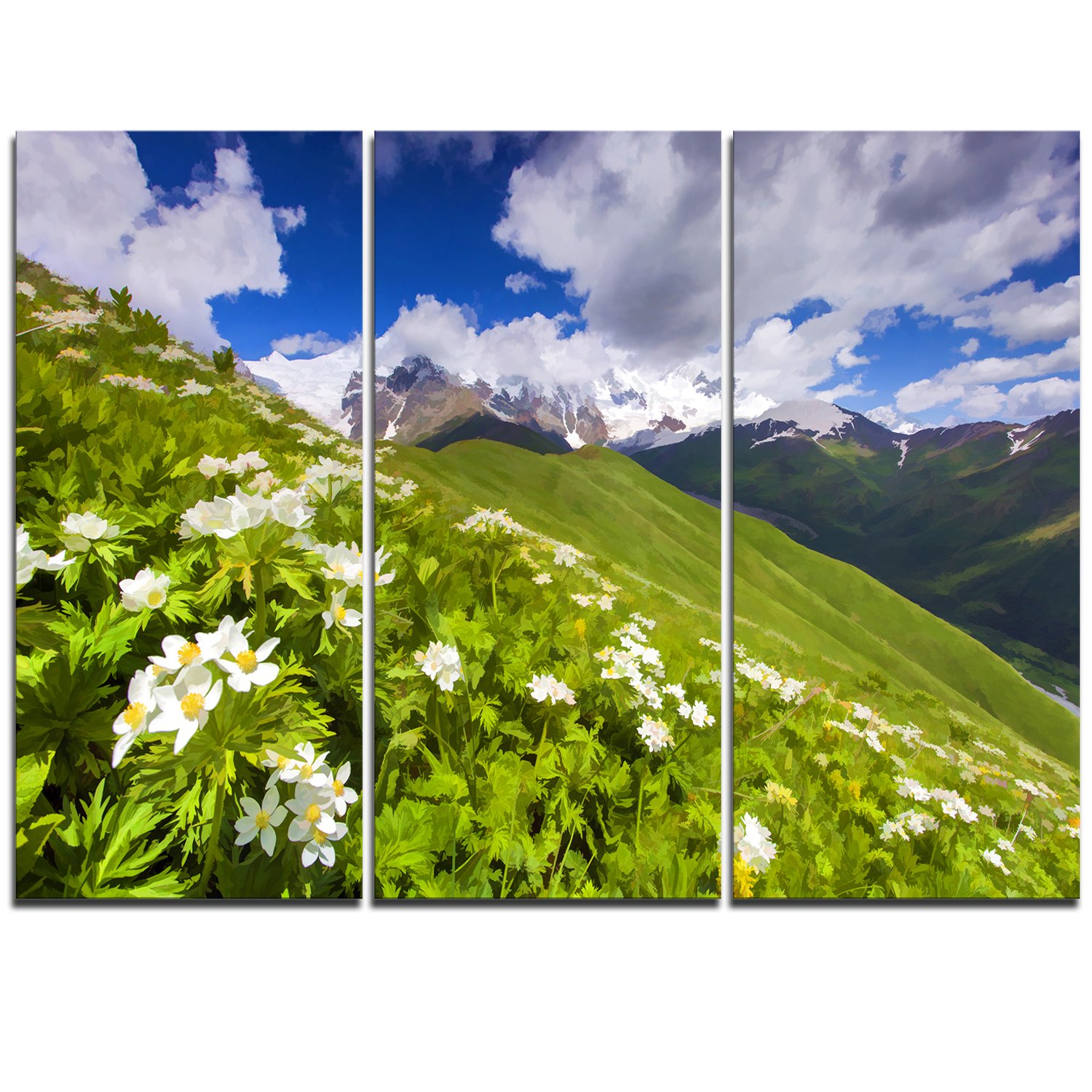 Designart MT11681-3P Blossom Flowers in Mountains Landscape Metal Wall Art Set (3 Panels) - 28x36 Inches, Blue - Modern Home Decor for Living Room, Bedroom, Office & Outdoor Spaces