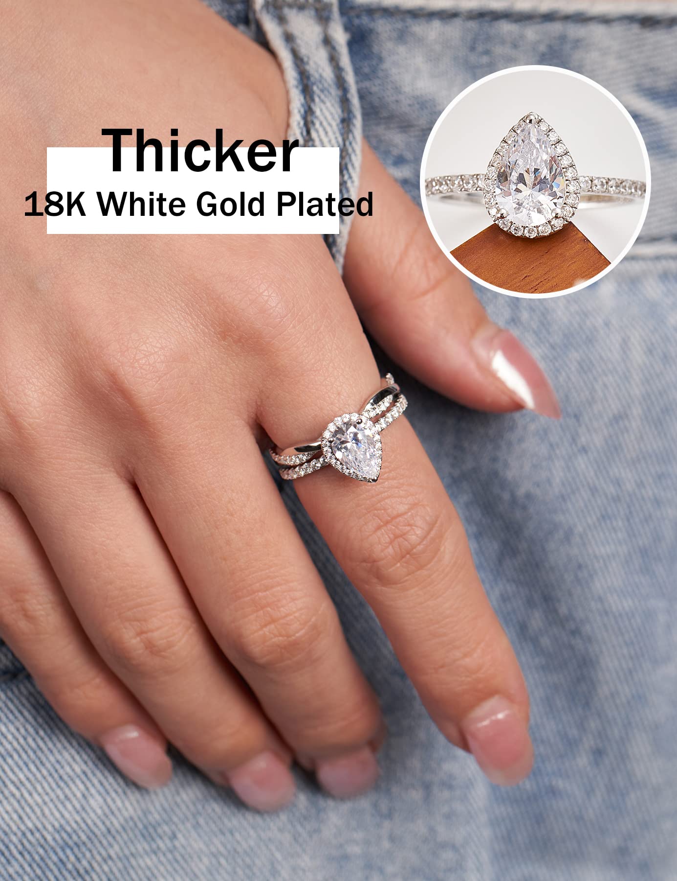 2CT Pear Shaped Cubic Zirconia Engagement Ring for Women - 18K White Gold Plated Sterling Silver Teardrop Wedding Band - Perfect for Proposals, Anniversaries & Romantic Gifts