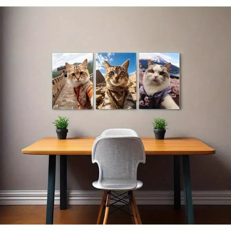 3-Piece Funny Cats at Great Wall, Pyramid & Mount Fuji Metal Wall Art Prints - Ready to Hang Home Decor for Living Room, Bedroom & Office