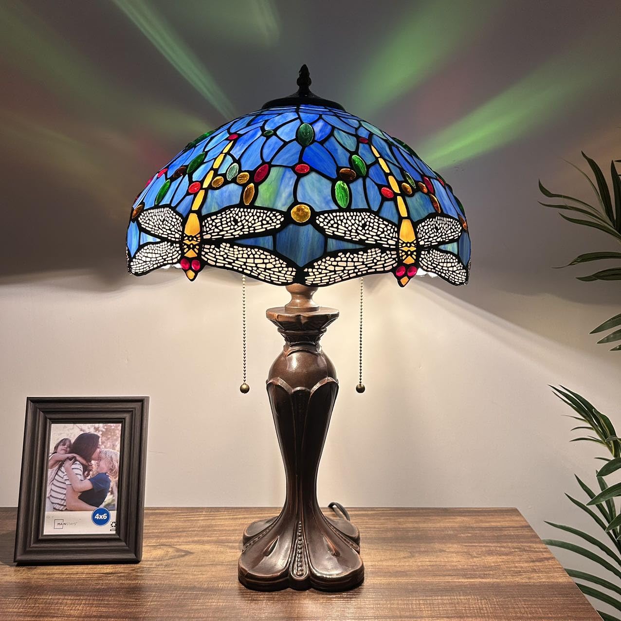 Tiffany Blue Stained Glass Dragonfly Table Lamp with LED Bulbs - 16