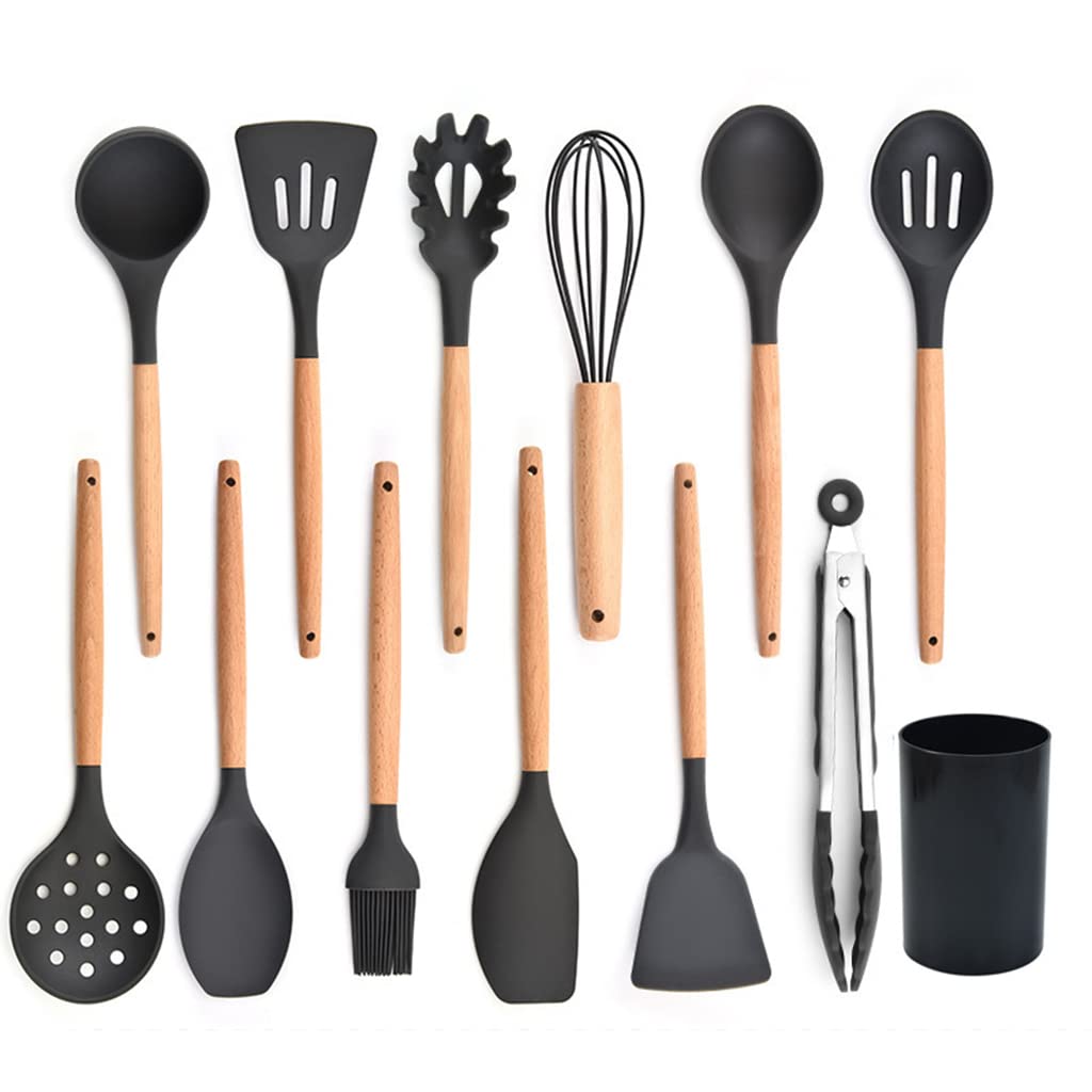 13-Piece Silicone Kitchen Utensil Set with Wooden Handles - Heat-Resistant Nonstick Cooking Tools Including Spatula, Oil Brush, Egg Beater, Spoon & Colander - Perfect for Baking, Frying & Everyday Cooking