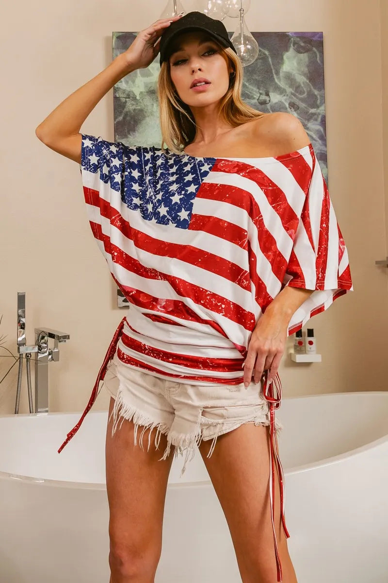 BiBi American Flag Printed Side Ruched Details Knit Top - Stylish Patriotic Women's T-Shirt for Casual Wear, 4th of July & Summer Outfits