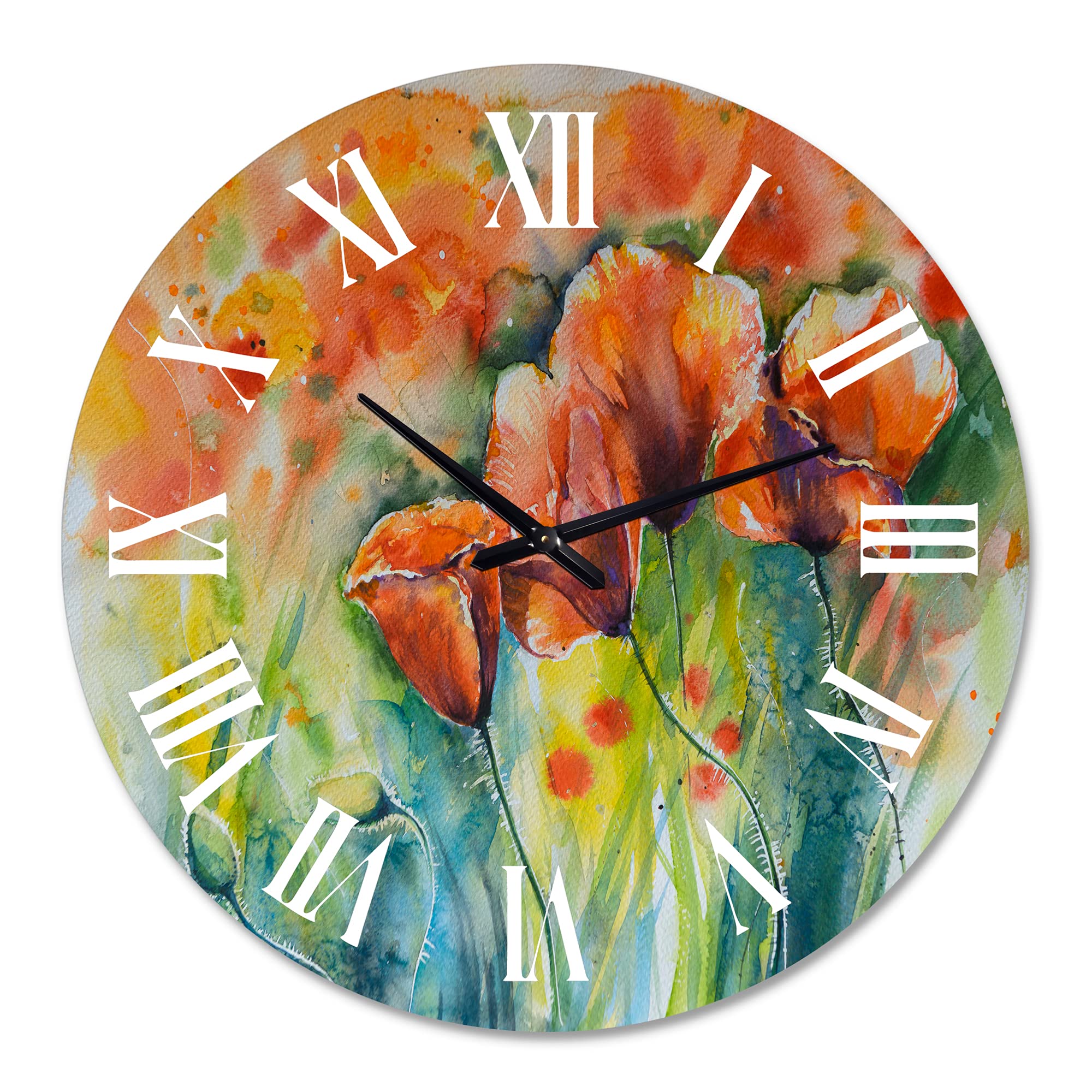 Large Floral Wall Clock - Red Blossoming Poppies V Traditional Decor for Living Room, Bedroom & Office | Silent Non-Ticking Home Decor
