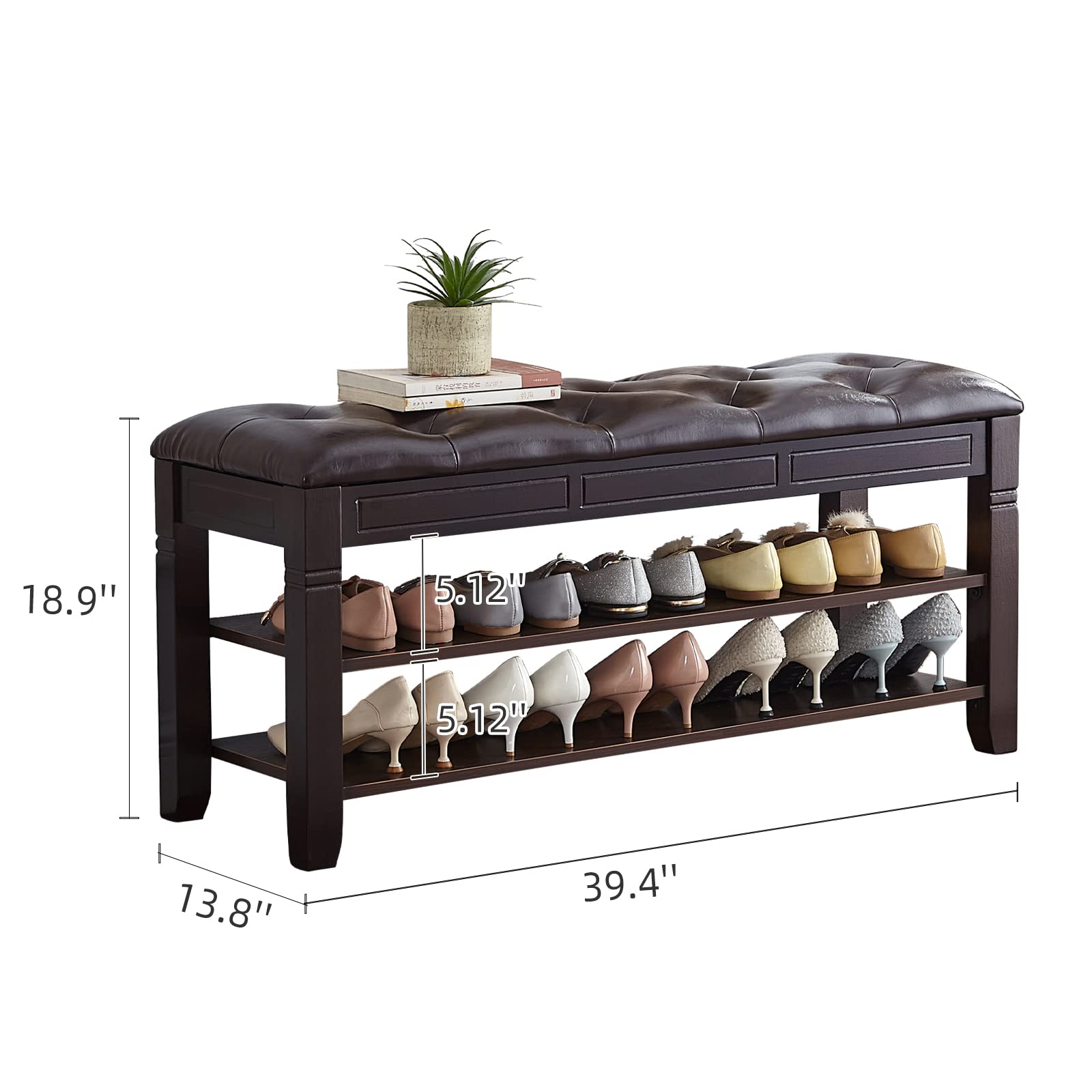 2-Tier Shoe Storage Bench with Lift Top & Fiberleather Seat - Wooden Entryway Shoe Rack Organizer for Hallway, Living Room (Dark Brown, 39.4