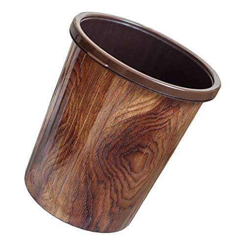 Vintage Wood Grain Round Trash Can - 10L Brown Waste Bin for Kitchen, Bathroom & Home Decor | Eco-Friendly Imitation Wood Garbage Can for Living Room, Office & Outdoor Use