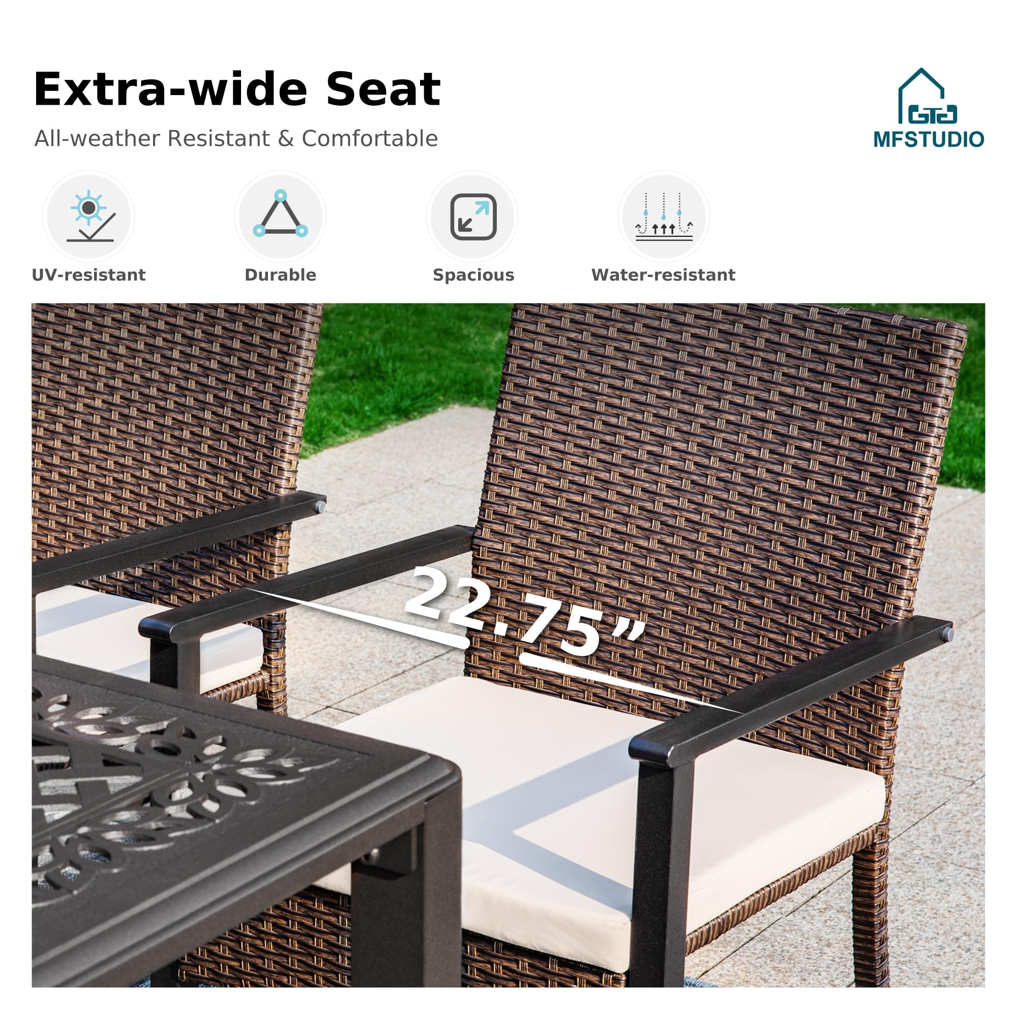 MFSTUDIO 4-Piece Patio Rattan Outdoor Wicker Chair Set with Cushions - Brown Woven Wicker Dining Chairs for Porch, Garden & Backyard - Extra Wide Seating for Comfortable Outdoor Entertaining