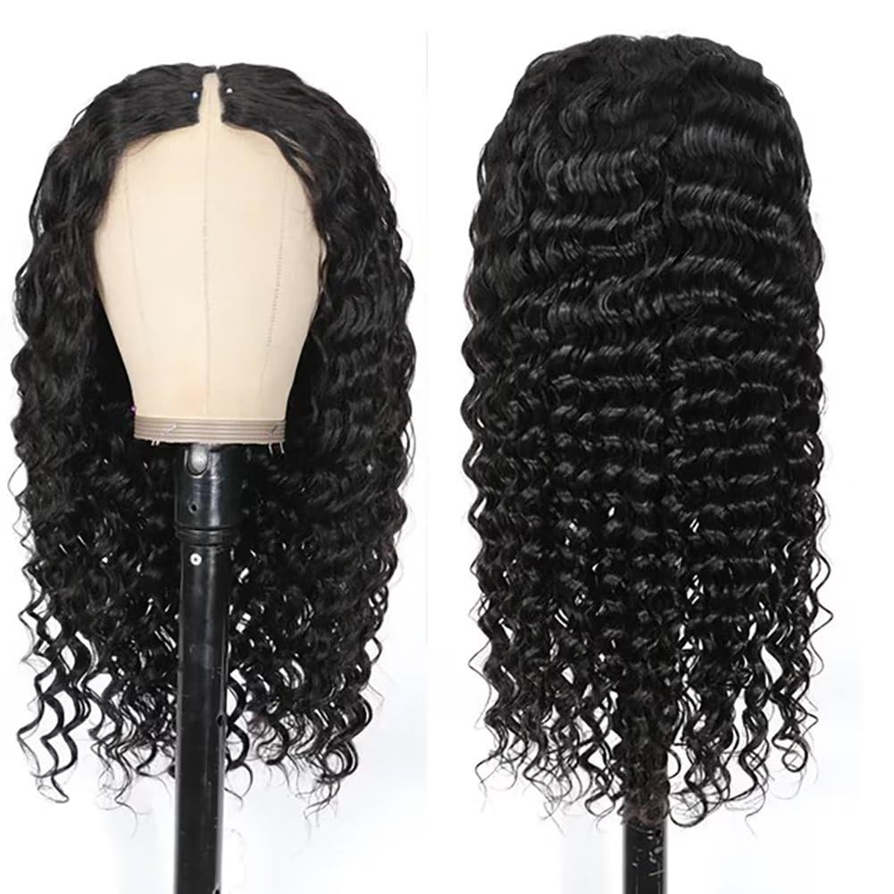Zealady 24 Inch Deep Wave V Part Human Hair Wig for Women - 12A Virgin Hair, Glueless No Sew Clip-In Half Wig - Perfect for Daily Wear, Parties & Special Occasions